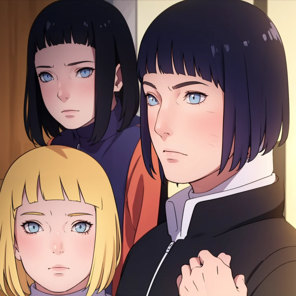 ((Realistic lighting, Best quality, 8K, Masterpiece: 1.3)), Clear focus: 1.2, 1girl, 1 boy, blunt bangs girl, dark blue haired girl, blonde man, blue eyes man, purple eyes girl, standing, couple, naruto and hinata, beautiful and handsome, naruhina