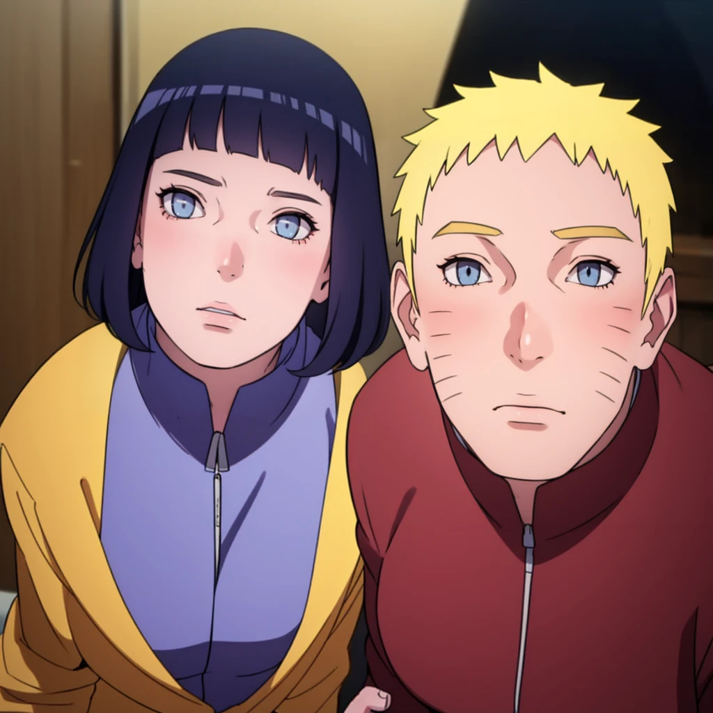 ((Realistic lighting, Best quality, 8K, Masterpiece: 1.3)), Clear focus: 1.2, 1girl, 1 boy, blunt bangs girl, dark blue haired girl, blonde man, blue eyes man, black hair girl, purple eyes girl, standing, couple, naruto and hinata, beautiful and handsome, naruhina