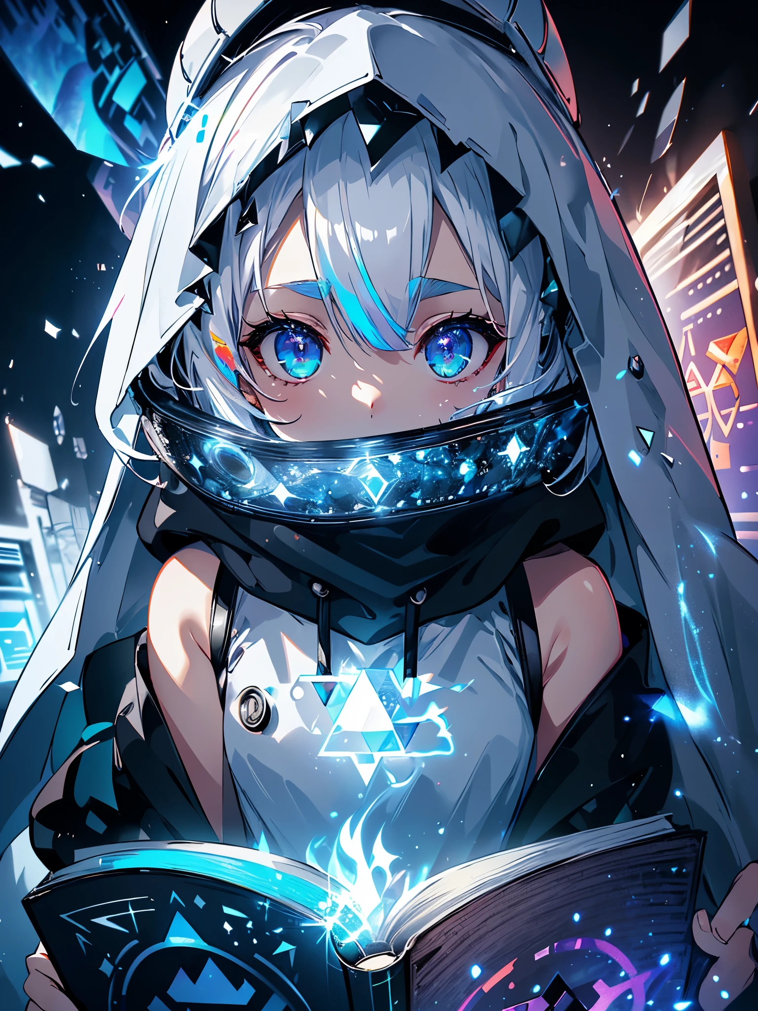 a girl with a hood that covers her face, long sideburns that curve into her face, glassy eyes, focused eyes, white eyebrows, white hair, looking down, (((holding a book with moving colored pages, neon pages, of book come out magical runes))), colorful sparkles, multicolors, {extremely detailed 16k CG unit wallpaper}, expansive landscape photography, (a low view with focus on the scenery), (wide view of open field), (low angle photo), (high light: 1.2), (low light: 1.7), (warm light source: 1.5), complex details, (iridescent colors: 1.5), (bright lighting), (atmospheric lighting)