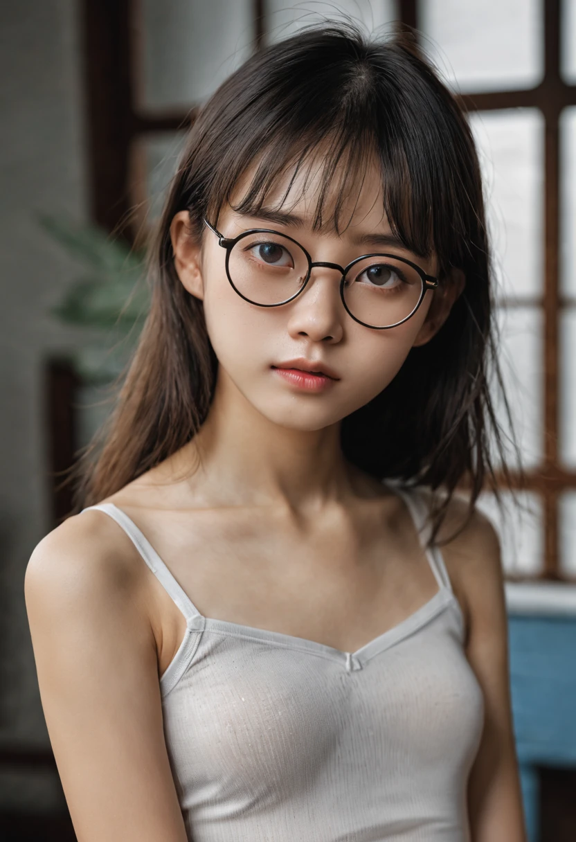 Modern Chinese portrait of a -yeld giwearing glasses，sweating，Very thin，long hair，clavicle，浮肿s eyes，Wet underwear，whole body，Small，vest line，s eyes，Bangs，slender legs，eye makeup，娇Small，extremely thin，Very thin，skinny，flat chest，Two-color light、Large aperture、Low ISO、white balance、rule of thirds、8K raw data，Urzang-6500-V1.1, (Photographically realistic:1.4), Very detaileds eyes和脸, Beautiful detailed eyes, absurd, Super detailed, a high resolution, Very detailed，best quality，masterpiece，Very detailed，pure cotton underwear，whole body照，whole body照，whole body照，Lift the hem of the skirt with both hands, Showing underwear，slim，胸围较Small，Inner clothes are wet