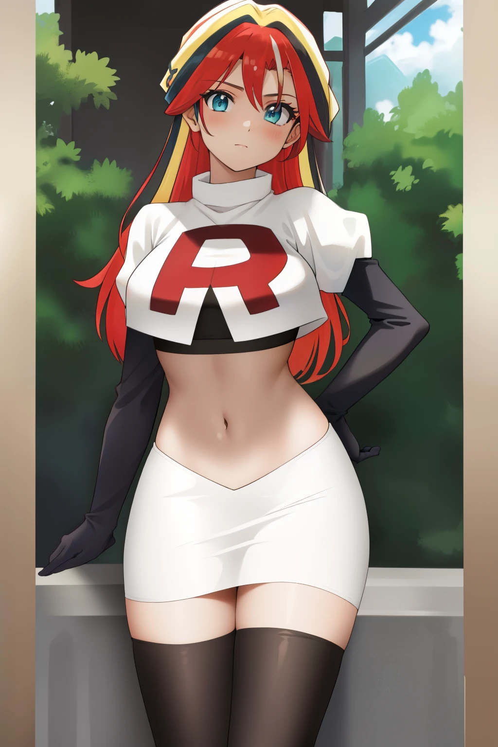 ((best quality)), ((highly detailed)), masterpiece, (detailed eyes, deep eyes), (1girl), cowboy shot, SunsetHuman, (multicolored hair, (two-tone hair:1.1), red and blonde hair), BREAK, aqua eyes, team rocket,team rocket uniform,white skirt,red letter R,crop top,black thigh-highs,black elbow gloves