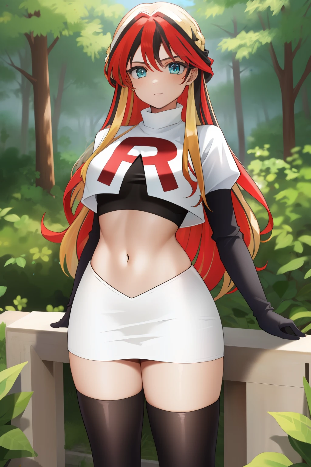 ((best quality)), ((highly detailed)), masterpiece, (detailed eyes, deep eyes), (1girl), cowboy shot, SunsetHuman, (multicolored hair, (two-tone hair:1.1), red and blonde hair), BREAK, aqua eyes, team rocket,team rocket uniform,white skirt,red letter R,crop top,black thigh-highs,black elbow gloves