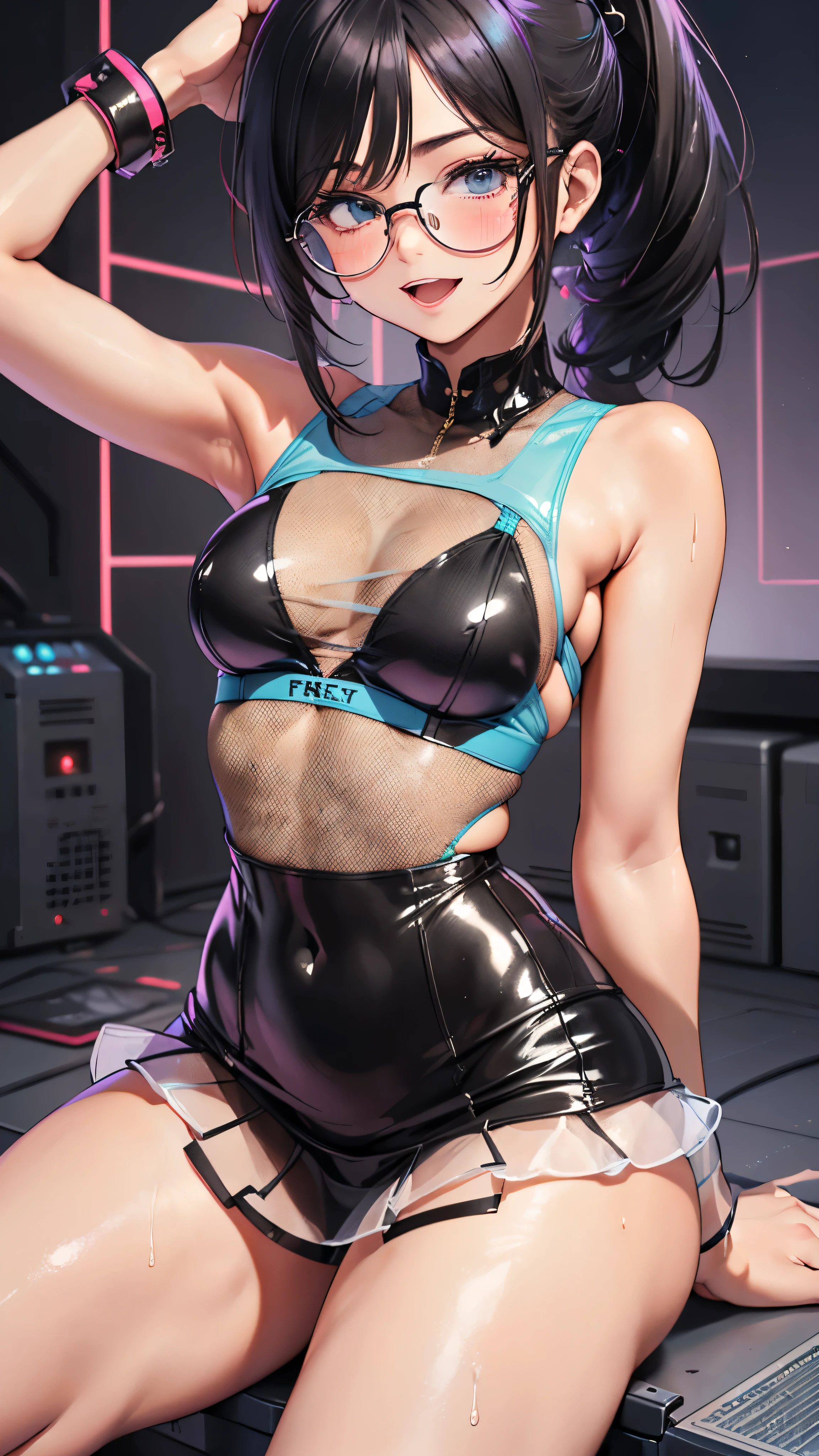 1 female,black hair,25 years old,(((blue shiny micro tight skirt)))((white tank top))(((blush、open mouth smile)),(((straight hair))),(((portrait))),crowd,,(wet with sweat)(sexy black bra and see-through tank top)(Glasses)(((small breasts)))((low ponytail))