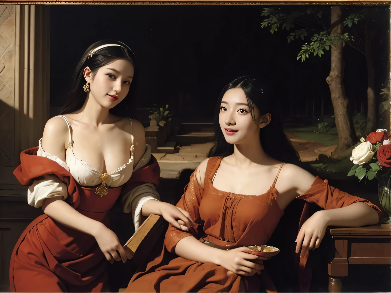 Giorgione&#39;s painting style,Discussion between two female philosophers,math、astronomical machine、astronaut、roses in vase、fruit、Cute trinkets、smile、ancient greek costume、The background is a forest lake at night 、Clothes that stretch your shoulders、A big smile、beautiful bare skin、A detailed representation of the seducing woman throughout her body..full body portrait, ancient roman ruins, Poussin style night view, A smile, , sweet and enchanting appearance.、caravaggio painting、Caravaggio&#39;s Chiaroscuro、My hair was messed up by the wind, two women having fun, Cute smile, expression of ecstasy, Sexy, erotic 