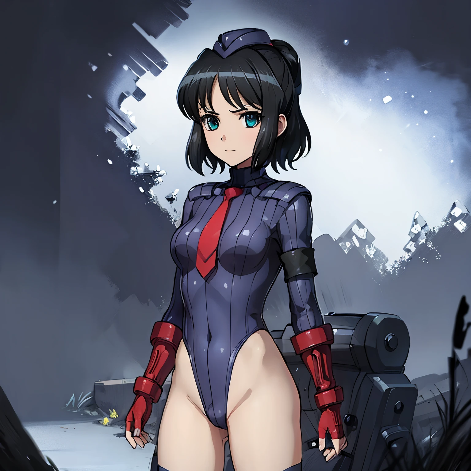 ultra-detailed, Explicit, Beautiful body, Beautiful Nose, Beautiful character design, perfect eyes, perfect face, ultra highres, 4K, beautiful legs, perfect legs, Nice hands, Perfect hand, Masterpiece, Best Quality, Highly detailed, illustration, absurdres, perfect anatomy, street fighter, doll suit, shadaloo doll, dollsuit, expressionless, blank eyes, looking at viewer, red gloves, emotionless, black latex, corrution, mind control, female combatant, full body, hypnotized, unhappy trance, full body suit, ribbed bodysuit, both arms at side, obey, perfect female body, extremely glossy latex, hypnosis, hypnoLora, empty eyes, Mind control device, poses, submissive_pose, Slave, standing straight, standing, standing at attention, hat, necktie, belt, latex, ribbed bodysuit, thighhighs, garter belt, Fighting Stance, extending the right arm from the shoulder into the air with a straightened hand, military, thigh boots, hair ornaments, black hair, short hair, green eyes, (((pixel-perfect, detail-perfect))), solo, 1girl, Kohinata Miku ShenShoujing, Senki Zesshou Symphogear, bangs, ribbon, hair_bow, hair_ribbon