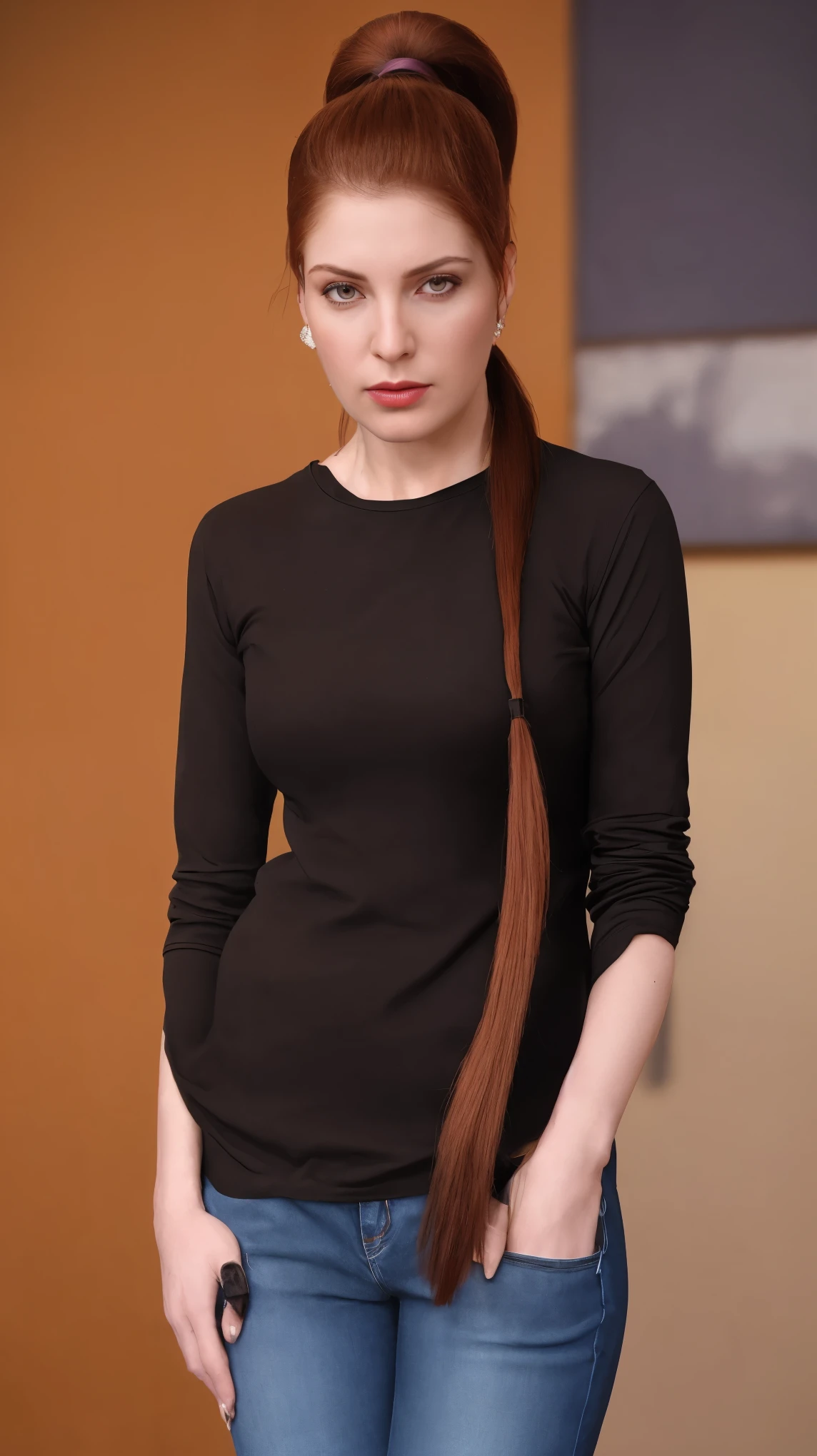 medium body of seductive woman, her looking at viewer, (long_ponytail_hairstyle:1.5), burgundy hair, exaggerated tightly ((combed back slicked-back hair)), very long hair, wet slick looking hair, deep black hair, (((Slicked-Back Hair by Vidal Sassoon, by Sally Hershberger ))), her face replaced with (nalci01)'s face without hair, frequent lashes, regular lashes, (dark brown eyes by Rembrandt), (tight Ivory long sleeve Medium Brown t-shirt), (jeans), (in a department store:1.1), (masterpiece:1.5) (photorealistic:1.1) (bokeh) (best quality) (detailed skin texture pores hairs:1.1) (intricate) (8k) (HDR) (wallpaper) (cinematic lighting) (sharp focus), eyeliner, (painted lips), (earrings), (vivid atmosphere), RAW candid cinema, 16mm, color graded portra 400 film, remarkable color, ultra realistic, textured skin, remarkable detailed pupils, realistic dull skin noise, visible skin detail, skin fuzz, dry skin, shot with cinematic camera, ((front view, Straight-on)), detailed skin texture, (blush:0.5), (goosebumps:0.5), subsurface scattering