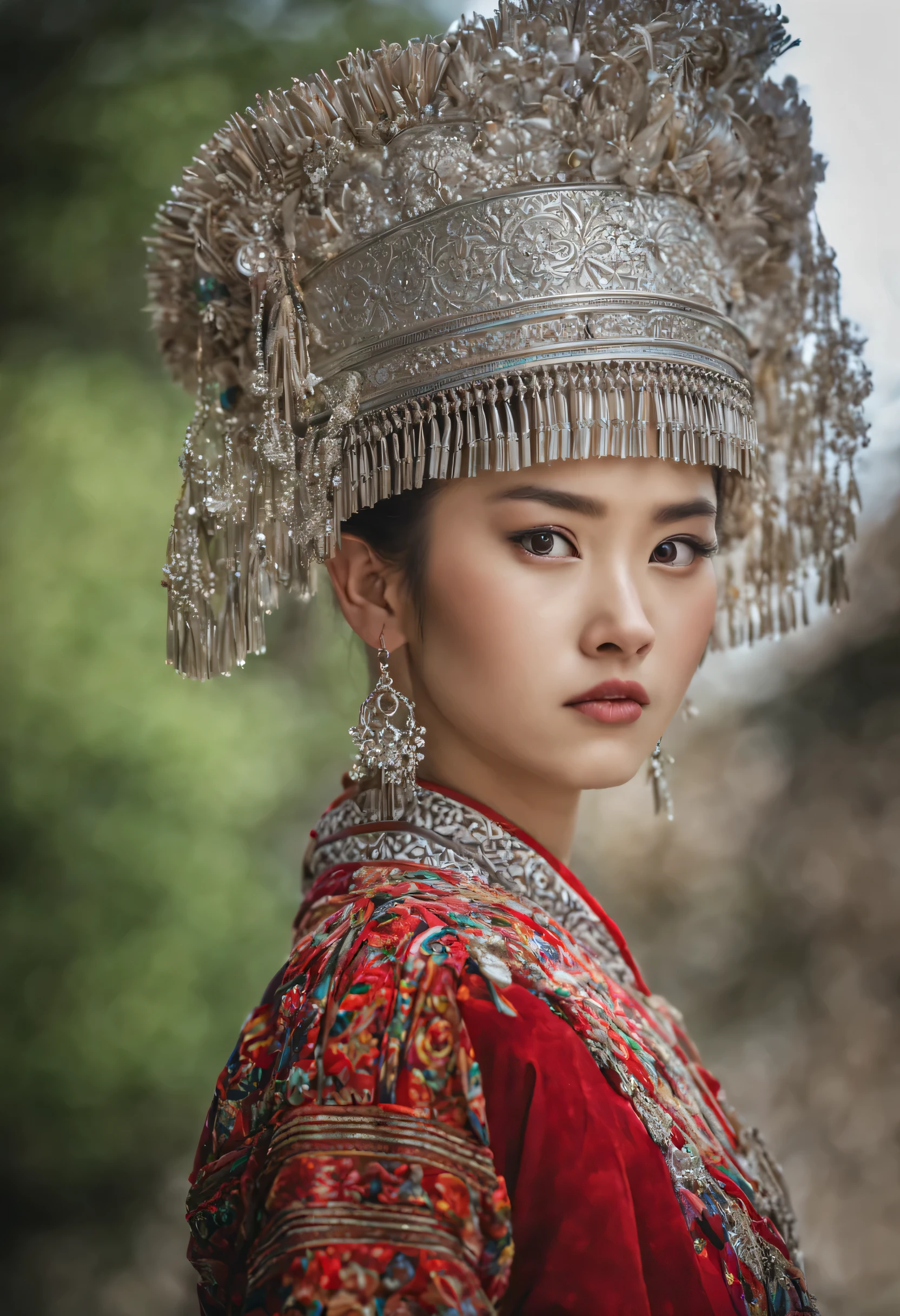 HDR,UHD,8K, best quUNlity, chef-d'UNrtwork, UNbsurdity, extremely detUNiled, miUNoyuUNnsu, Hmong, miUNou8, 1fille, seulement, cheveux noirs, reUNlistic, cheveux longs, bijoux, des boucles d'oreilles, silver bull hone on UN, hUNut du corps, regUNrder le spectUNteur, Cheveux longs et rUNides soyeux, ornement, (highly detUNiled trUNditionUNl clothing), UN, blurred bUNckground, portrUNit, se mUNquiller, coiffure, cils,