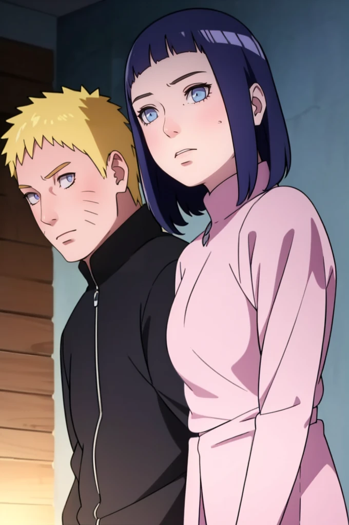 ((Realistic lighting, Best quality, 8K, Masterpiece: 1.3)), Clear focus: 1.2, 1girl, 1 boy, blunt bangs girl, dark blue haired girl, blonde man, blue eyes man, black hair girl, purple eyes girl, standing, couple, naruto and hinata, beautiful and handsome, naruhina