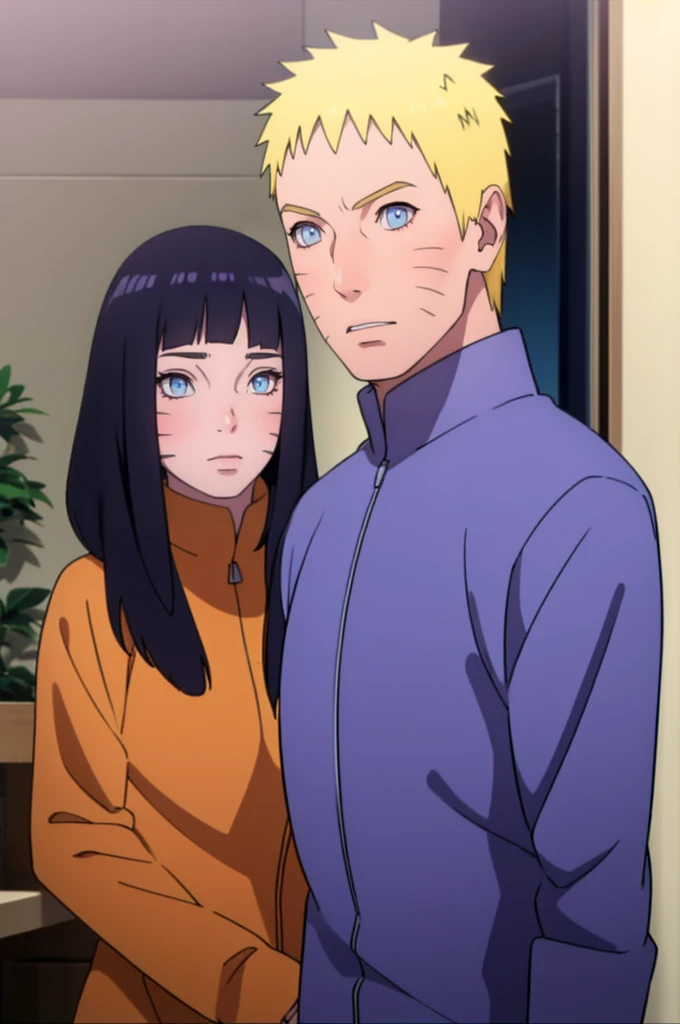 ((Realistic lighting, Best quality, 8K, Masterpiece: 1.3)), Clear focus: 1.2, 1girl, 1 boy, blunt bangs girl, dark blue haired girl, blonde man, blue eyes man, black hair girl, purple eyes girl, standing, couple, naruto and hinata, beautiful and handsome, naruhina