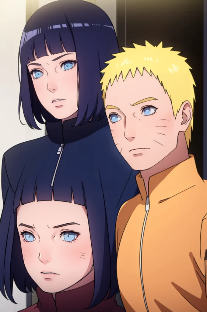 ((Realistic lighting, Best quality, 8K, Masterpiece: 1.3)), Clear focus: 1.2, 1girl, 1 boy, blunt bangs girl, dark blue haired girl, blonde man, blue eyes man, purple eyes girl, standing, couple, naruto and hinata, beautiful and handsome, naruhina