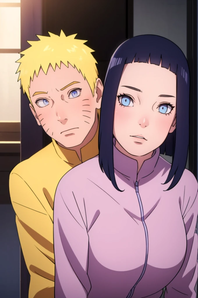 ((Realistic lighting, Best quality, 8K, Masterpiece: 1.3)), Clear focus: 1.2, 1girl, 1 boy, blunt bangs girl, dark blue haired girl, blonde man, blue eyes man, black hair girl, purple eyes girl, standing, couple, naruto and hinata, beautiful and handsome, naruhina