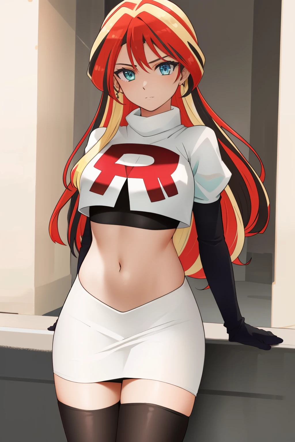 ((best quality)), ((highly detailed)), masterpiece, (detailed eyes, deep eyes), (1girl), cowboy shot, SunsetHuman, (multicolored hair, (two-tone hair:1.1), red and blonde hair), BREAK, aqua eyes, team rocket,team rocket uniform,white skirt,red letter R,crop top,black thigh-highs,black elbow gloves