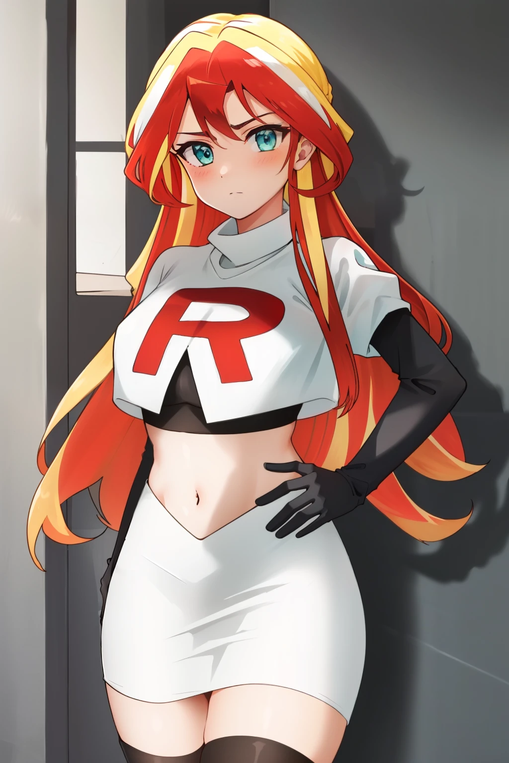 ((best quality)), ((highly detailed)), masterpiece, (detailed eyes, deep eyes), (1girl), cowboy shot, SunsetHuman, (multicolored hair, (two-tone hair:1.1), red and blonde hair), BREAK, aqua eyes, team rocket,team rocket uniform,white skirt,red letter R,crop top,black thigh-highs,black elbow gloves