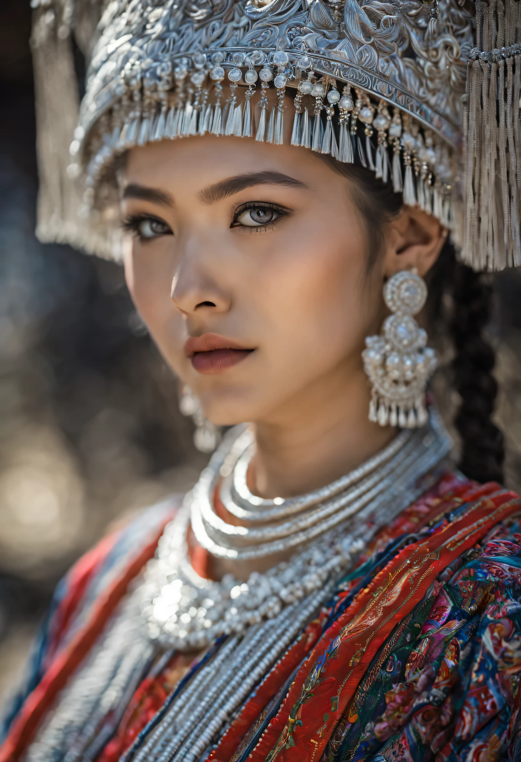 HDR,UHD,8K, best quUNlity, chef-d&#39;UNrtwork, UNbsurdity, extremely detUNiled, miUNoyuUNnsu, Hmong, miUNou8, 1fille, seulement, cheveux noirs, reUNlistic, cheveux longs, bijoux, des boucles d&#39;oreilles, silver bull hone on UN, hUNut du corps, regUNrder le spectUNteur, Cheveux longs et rUNides soyeux, ornement, (highly detUNiled trUNditionUNl clothing), UN, blurred bUNckground, portrUNit, se mUNquiller, coiffure, cils,