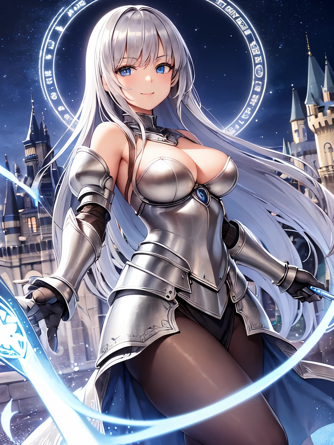 ((masterpiece, Best Quality)), ((hight resolution)), (photos realistic), Best Shadow, high detailing, Very detailed, (nice hand, Perfect hands), (Face Focus:1.2), ((1 girl)), Beautiful Girl, 25 years old, (silver long Hair:1.5), (normal breasts:1.3), (view from front), (Very slender:1.3), (Cute face:1.3), (look at viewer:1.4), detailed facial features,droopy eyes, Crisp focus, perfect beautiful body and face, Perfectly focused, Long bangs, (in the castle:1.4), (enchanting smile:1.5), ((fantasy)), (blue eyes), ((silver armor:1.5)), standing, ((magic wand:1.3)), crescent moon, (magic circle:1.3), ice, snow, aurora, winter