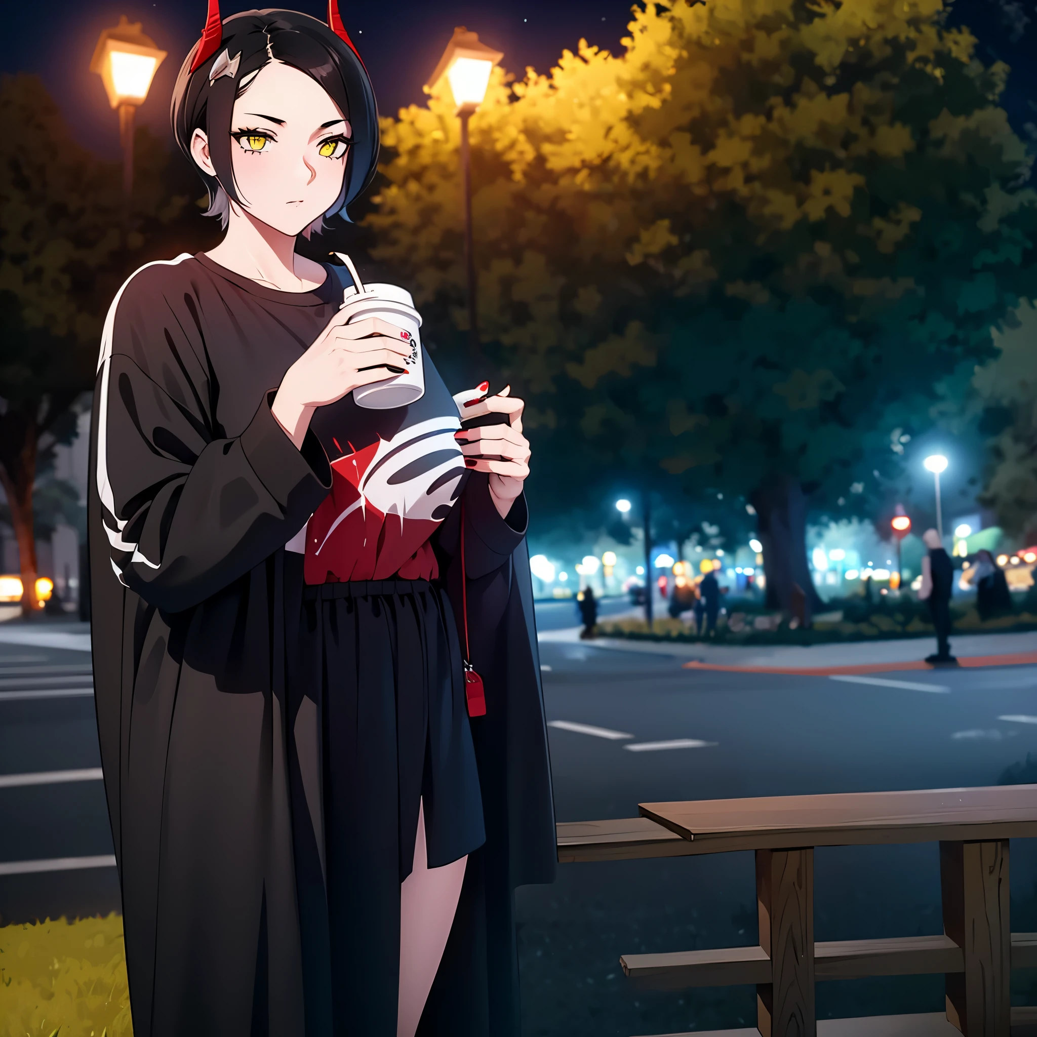 a woman with casual clothes, short black hair, yellow eyes, small red horn, in a park at night drinking a hot chocolate.
