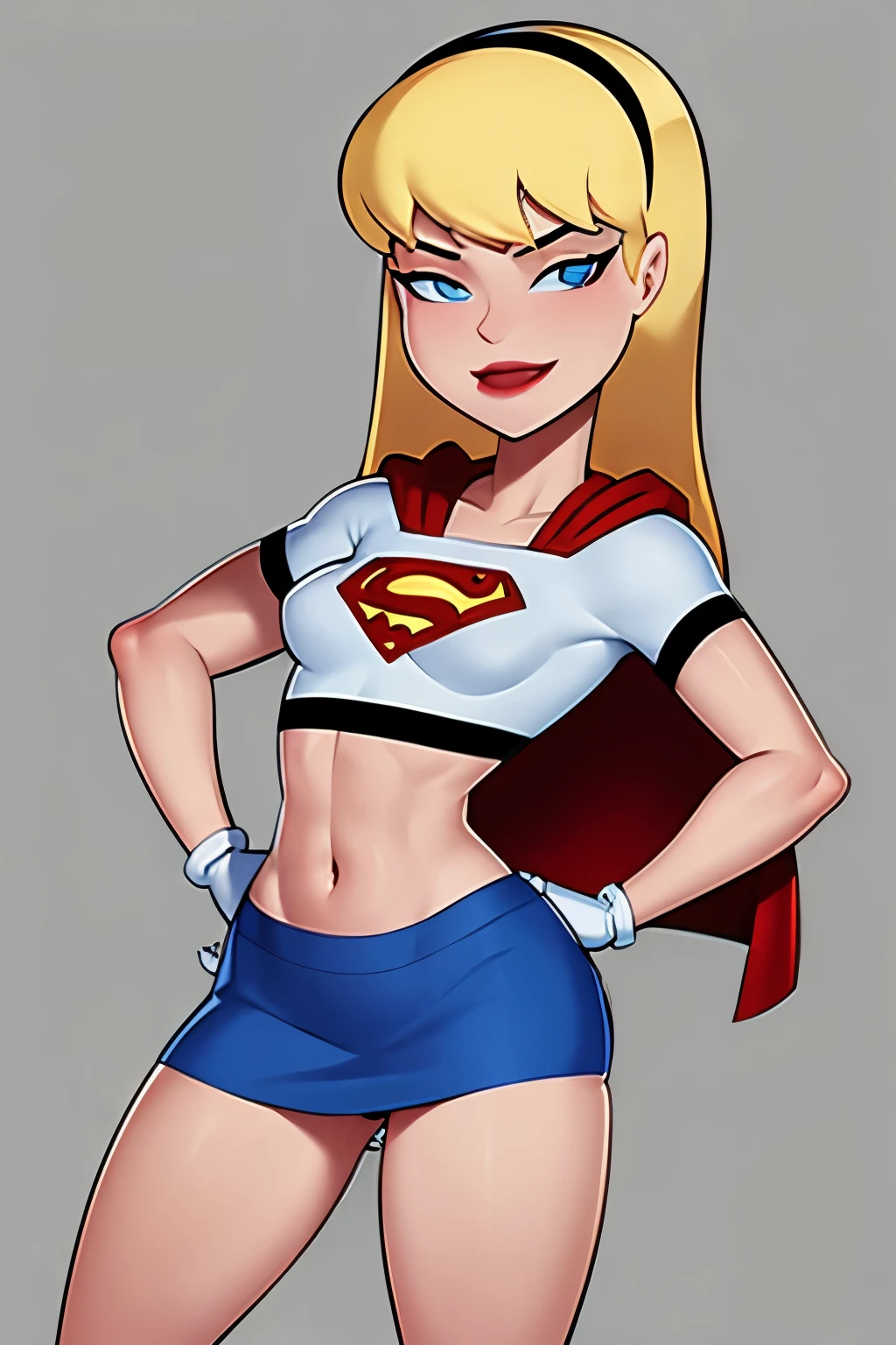 masterpiece, best quality, 1girl, supergirl, blonde hair, long hair, hairband, blue eyes, gloves, red cape, blue miniskirt, white crop top, smile, makeup, lipstick, hands on hips, simple background 