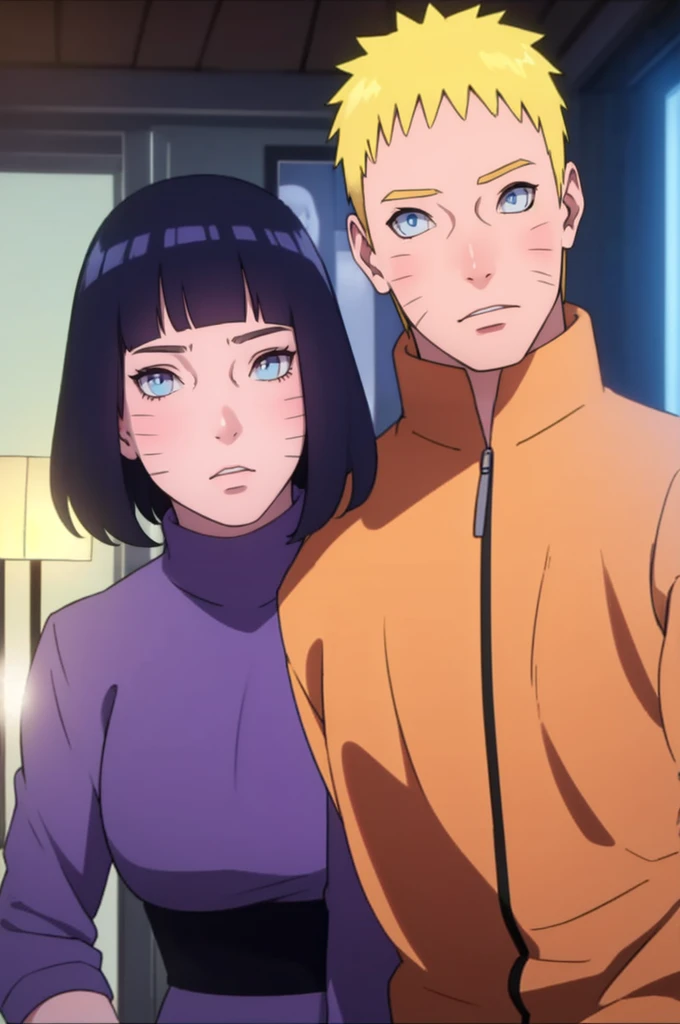 ((Realistic lighting, Best quality, 8K, Masterpiece: 1.3)), Clear focus: 1.2, 1girl, 1 boy, blunt bangs girl, dark blue haired girl, blonde man, blue eyes man, purple eyes girl, standing, couple, naruto and hinata, beautiful and handsome, naruhina