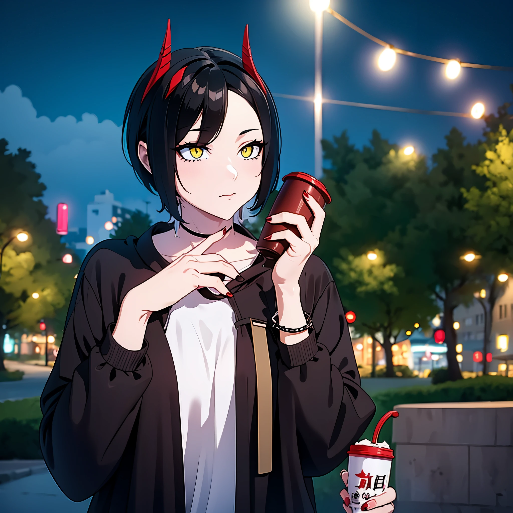 a woman with casual clothes, short black hair, yellow eyes, small red horn, in a park at night drinking a hot chocolate.
