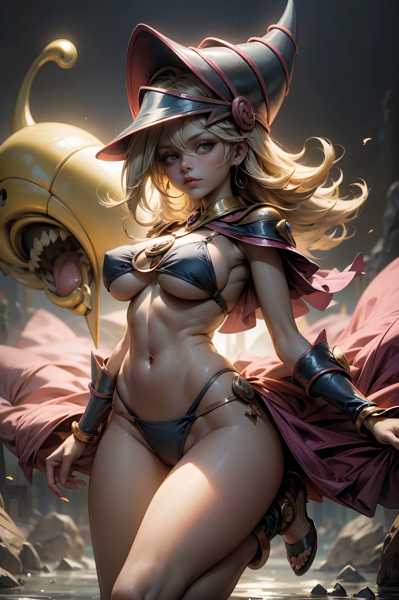 (Obra maestra:1.2), (La mejor calidad:1.2), perfect lighting, Chica Maga Oscura lanzando un hechizo, flotando en el aire, tetas grandes, escote, fondo de magia. Corazones transparente en el hambiente, bata azul, sombrero grande, desde arriba, Destellos, Yugioh Card en el fondo. En tacones y en bikini