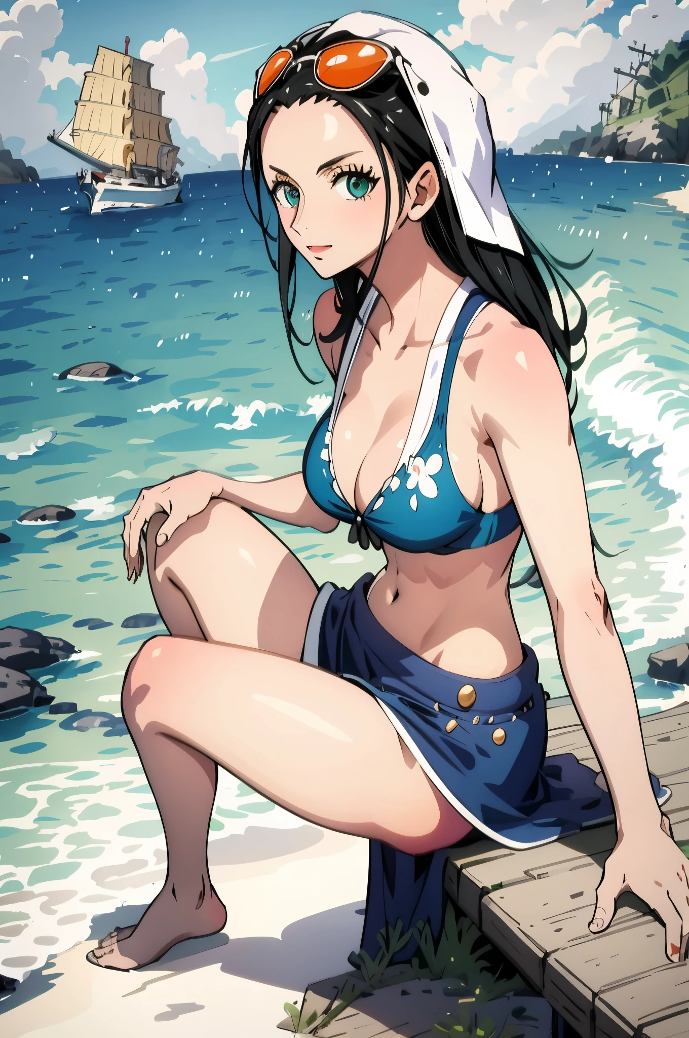 Nico robin, big breast, slim legs, sunny day, Beach, leaning, beautiful eyes