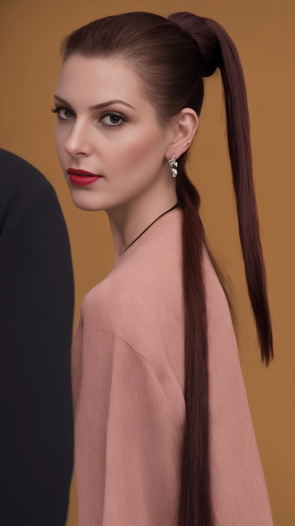 medium body of seductive woman, her looking at viewer, (long_ponytail_hairstyle:1.5), burgundy hair, exaggerated tightly ((combed back slicked-back hair)), very long hair, wet slick looking hair, deep black hair, (((Slicked-Back Hair by Vidal Sassoon, by Sally Hershberger ))), her face replaced with (nalci01)'s face without hair, frequent lashes, regular lashes, (dark brown eyes by Rembrandt), (tight Ivory long sleeve Medium Brown t-shirt), (jeans), (in a department store:1.1), (masterpiece:1.5) (photorealistic:1.1) (bokeh) (best quality) (detailed skin texture pores hairs:1.1) (intricate) (8k) (HDR) (wallpaper) (cinematic lighting) (sharp focus), eyeliner, (painted lips), (earrings), (vivid atmosphere), RAW candid cinema, 16mm, color graded portra 400 film, remarkable color, ultra realistic, textured skin, remarkable detailed pupils, realistic dull skin noise, visible skin detail, skin fuzz, dry skin, shot with cinematic camera, ((front view, Straight-on)), detailed skin texture, (blush:0.5), (goosebumps:0.5), subsurface scattering