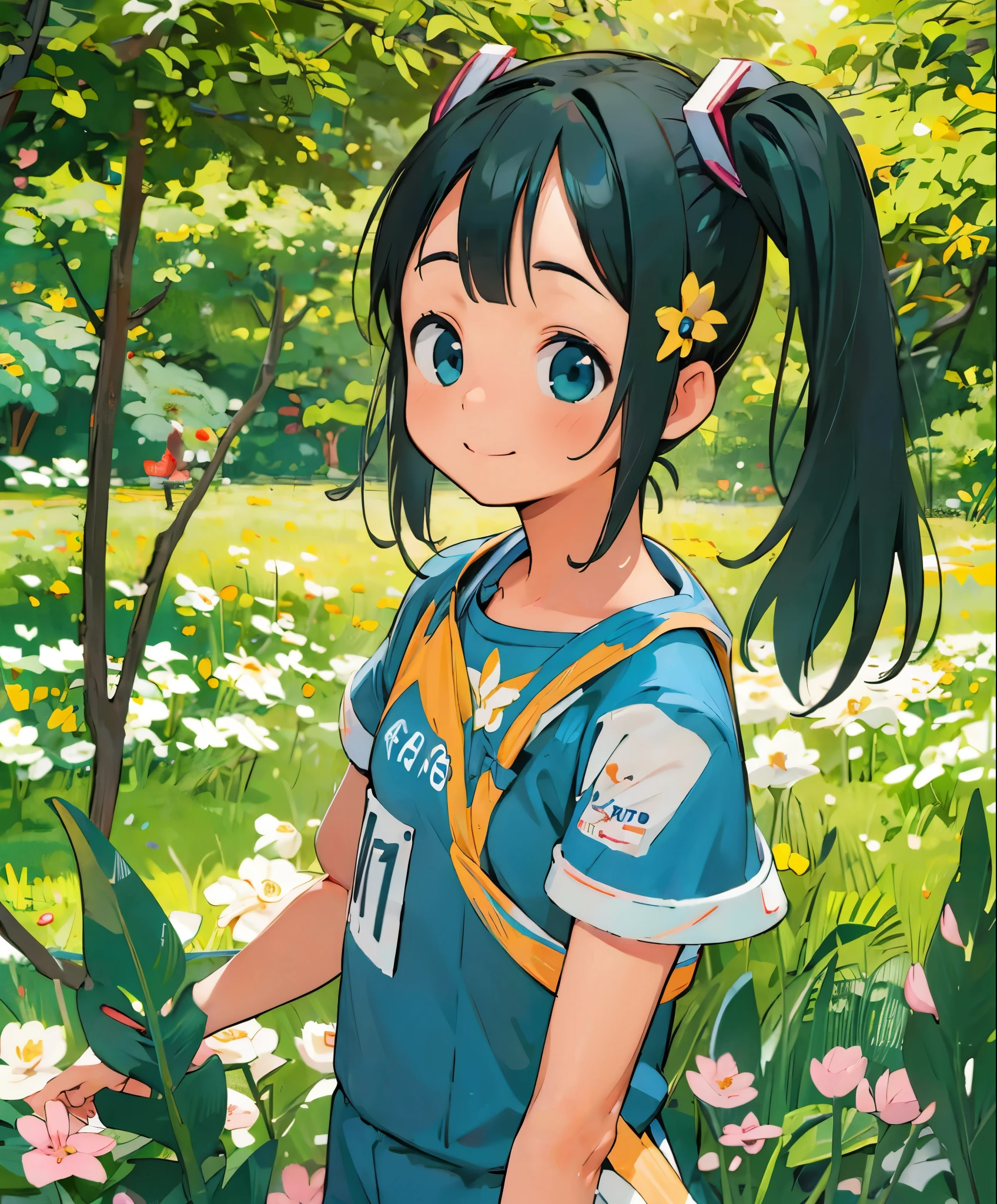 (masterpiece、highest quality、highest quality、official art、beautiful beautiful:1.2)、(1 girl:1.3)Hatsune Miku、twin tails,big breasts,table top, highest quality, 8k_wallpaper, (beautiful eyes), ((cute)), cute, (Lovely), (Please park on sunny days),1 girl,,1 ,standing girl,smile,close up of face、Portrait(((run a marathon)))、(((jogging)))、((track and field uniforms))