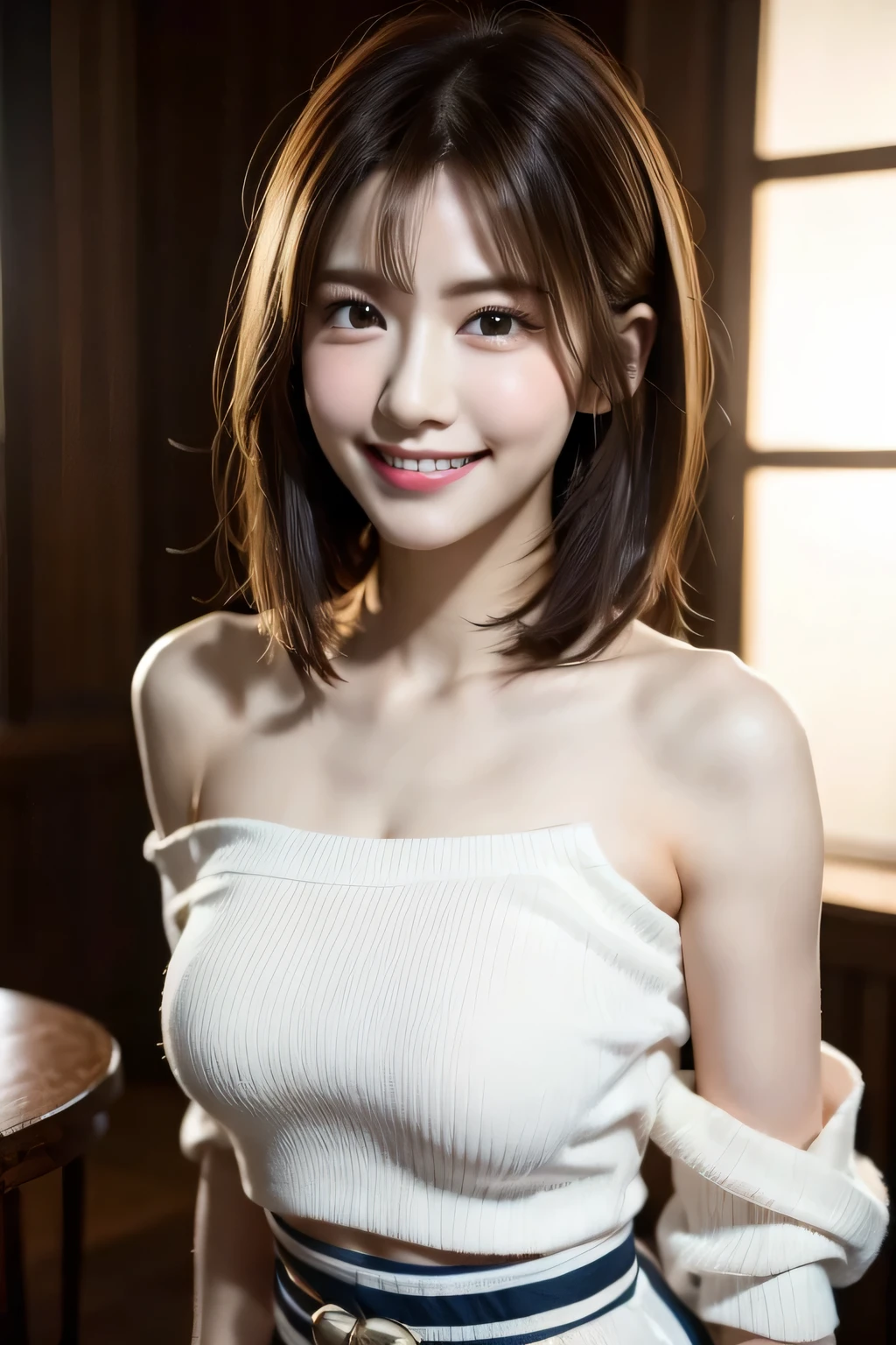wall background,(Intense dance motion:1.3),spread your hands and move them widely,
Add motion blur effects to simulate motion,off shoulder,navel appears,Loose-fitting lace jumper dress. Dance movements disrupt the costume.,messy hair,Glossy light brown and orange striped short-cut hair,(A smile that makes people happy:1.3),big and full breasts,(In 8K, RAW photo, highest quality, table top,ultra hd),studio lighting,cinematic lighting,(realistic, Photoreal),Digital single-lens reflex camera,looking at camera,beautiful hands,beautiful fingers,Detailed functions of fingers,Detailed features of the garment,Detailed characteristics of hair,detailed facial features,