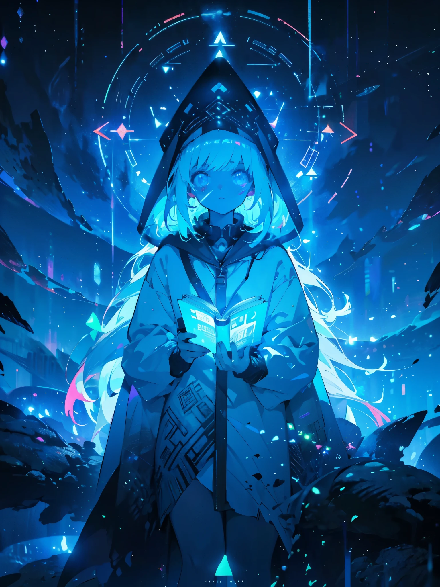 a girl with a hood that covers her face, long sideburns that curve into her face, glassy eyes, focused eyes, white eyebrows, white hair, looking down, (((holding a book with moving colored pages, neon pages, of book come out magical runes))), colorful sparkles, multicolors, {extremely detailed 16k CG unit wallpaper}, expansive landscape photography, (a low view with focus on the scenery), (wide view of open field), (low angle photo), (high light: 1.2), (low light: 1.7), (warm light source: 1.5), complex details, (iridescent colors: 1.5), (bright lighting), (atmospheric lighting)