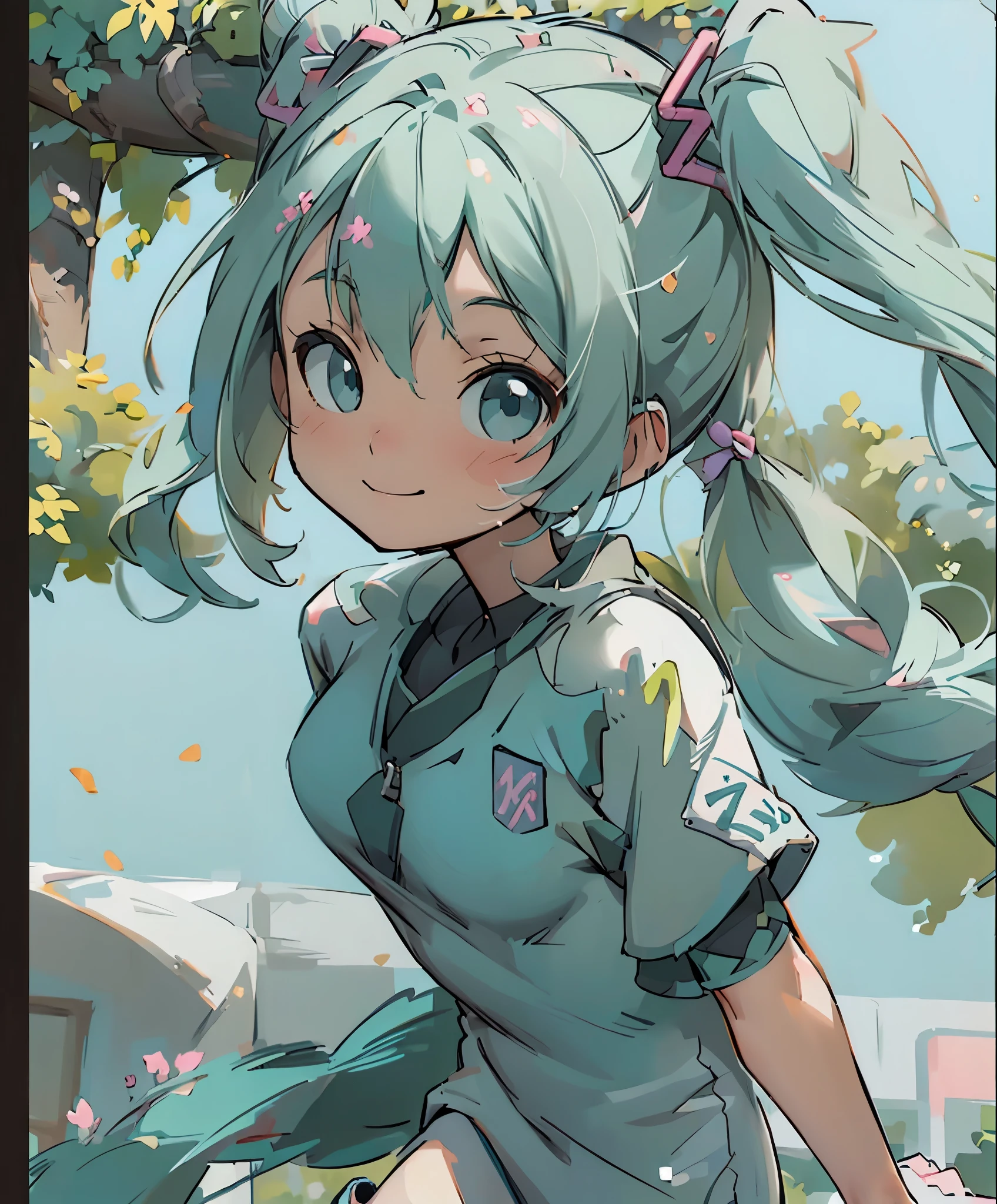 (masterpiece、highest quality、highest quality、official art、beautiful beautiful:1.2)、(1 girl:1.3)Hatsune Miku、twin tails,big breasts,table top, highest quality, 8k_wallpaper, (beautiful eyes), ((cute)), cute, (Lovely), (Please park on sunny days),1 girl,,1 ,standing girl,smile,close up of face、Portrait(((run a marathon)))、(((jogging)))、((track and field uniforms))