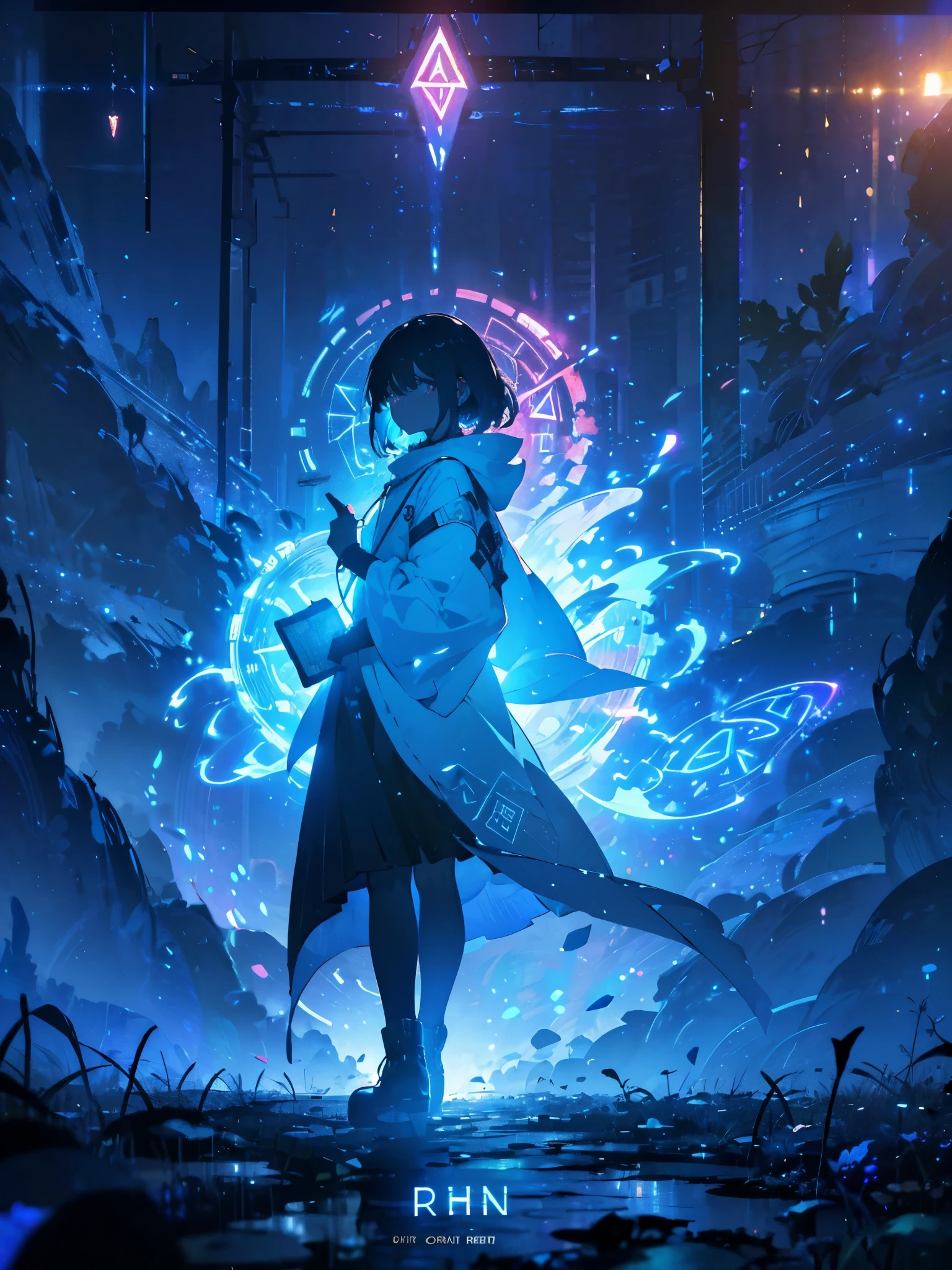 a girl with a hood that covers her face, long sideburns that curve into her face, glassy eyes, focused eyes, white eyebrows, white hair, looking down, (((holding a book with moving colored pages, neon pages, of book come out magical runes))), colorful sparkles, multicolors, {extremely detailed 16k CG unit wallpaper}, expansive landscape photography, (a low view with focus on the scenery), (wide view of open field), (low angle photo), (high light: 1.2), (low light: 1.7), (warm light source: 1.5), complex details, (iridescent colors: 1.5), (bright lighting), (atmospheric lighting)