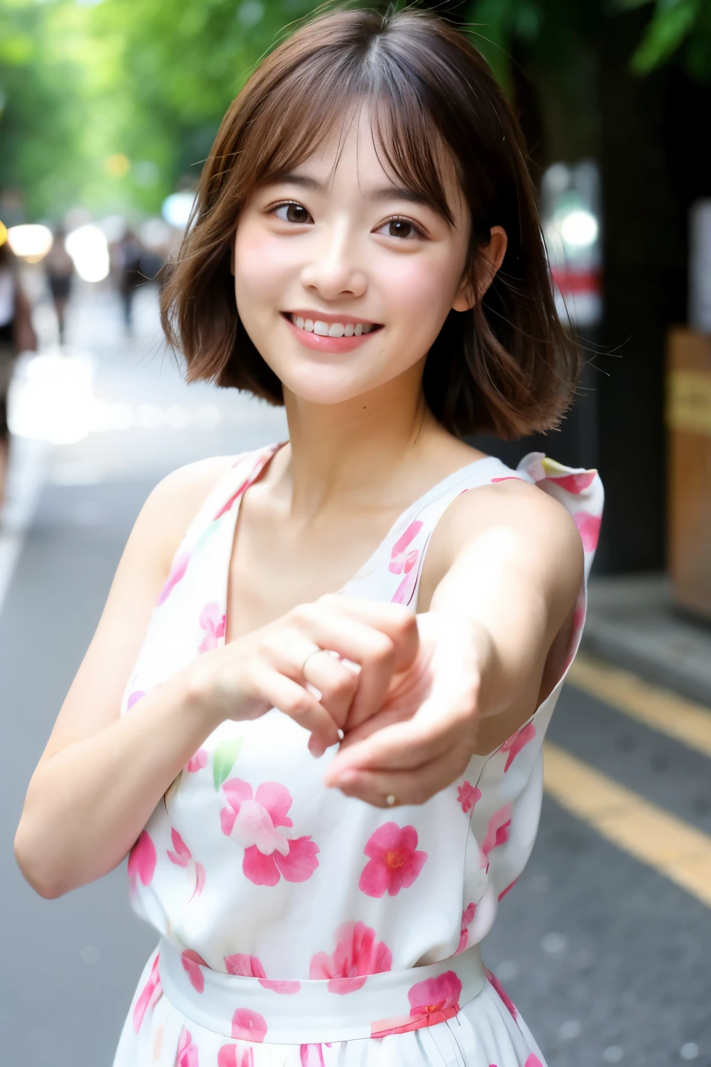 ((highest quality)), ((masterpiece)), (be familiar with), perfect face,Japanese,20th generation,Popular summer clothes in Tokyo,cute pose,big eyes,smile,,long eyelashes,natural makeup