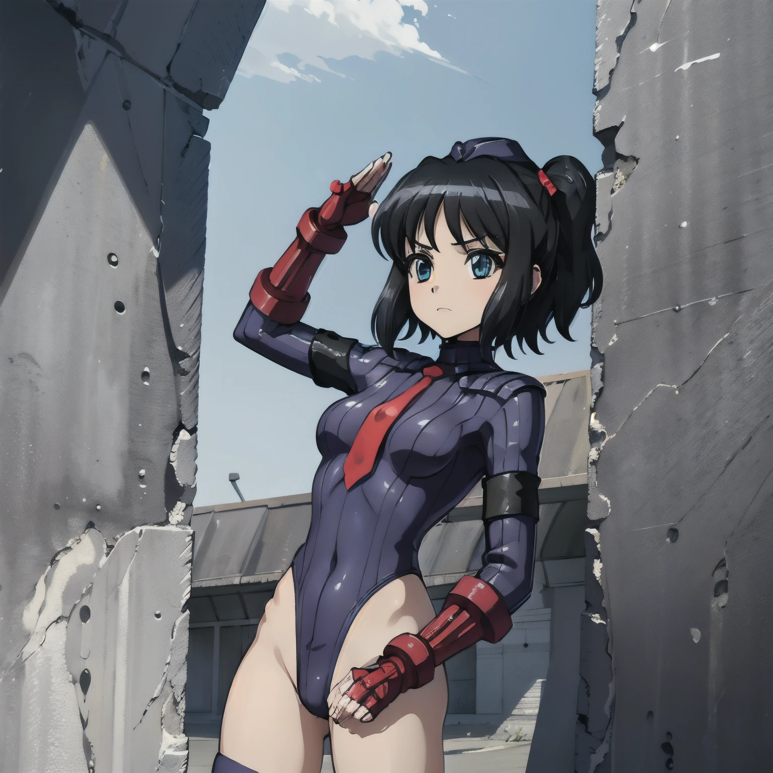 ultra-detailed, Explicit, Beautiful body, Beautiful Nose, Beautiful character design, perfect eyes, perfect face, ultra highres, 4K, beautiful legs, perfect legs, Nice hands, Perfect hand, Masterpiece, Best Quality, Highly detailed, illustration, absurdres, perfect anatomy, street fighter, doll suit, shadaloo doll, dollsuit, expressionless, blank eyes, looking at viewer, red gloves, emotionless, black latex, corrution, mind control, female combatant, full body, hypnotized, unhappy trance, full body suit, ribbed bodysuit, both arms at side, obey, perfect female body, extremely glossy latex, hypnosis, hypnoLora, empty eyes, Mind control device, poses, submissive_pose, Slave, standing straight, standing, standing at attention, hat, necktie, belt, latex, ribbed bodysuit, thighhighs, garter belt, Fighting Stance, extending the right arm from the shoulder into the air with a straightened hand, military, thigh boots, hair ornaments, black hair, short hair, green eyes, (((pixel-perfect, detail-perfect))), solo, 1girl, Kohinata Miku ShenShoujing, Senki Zesshou Symphogear, bangs, ribbon, hair_bow, hair_ribbon, salute, saluting, military saluting