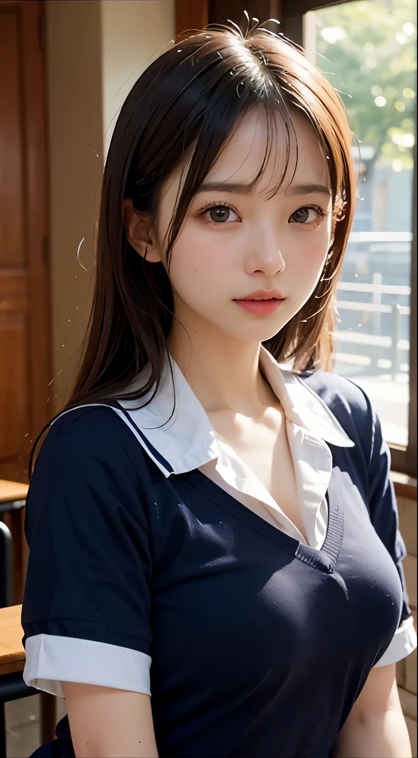 (table top, highest quality:1.4), beautiful face, 8k, 85mm, absurd, (school uniform:1.4), Upper body, cleavage of the breast、towards the camera、 violaces, gardenia, delicate girl, alone, night, looking at the viewer, Upper body, film grain, chromatic aberration, sharp focus, face light, professional lighting, Sophisticated, (smile:0.4), cleavage, (simple background, background bokeh:1.2), details face、huge breasts