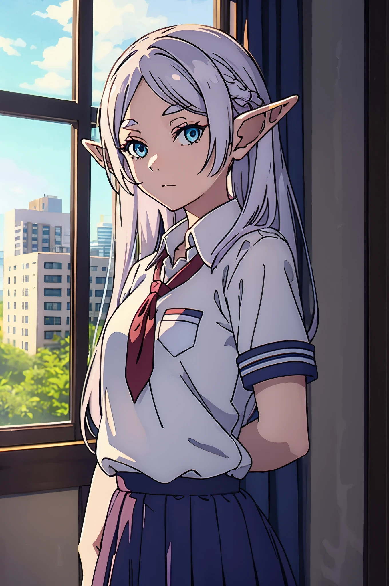 Frieren, elf girl, school uniform, white hair, looking at viewer