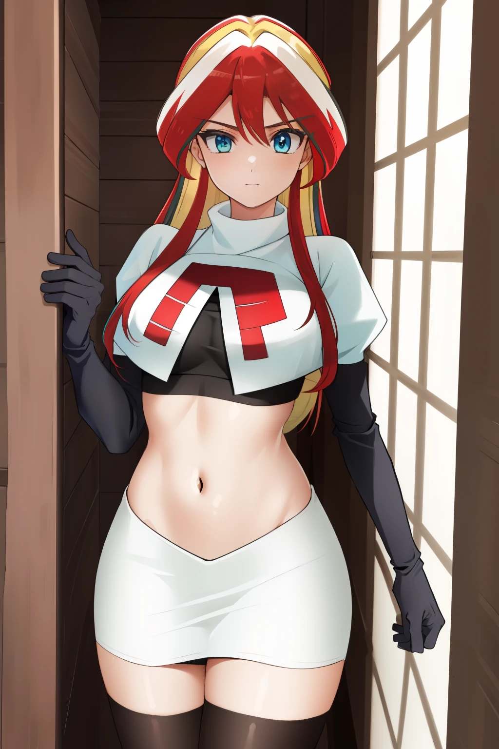 ((best quality)), ((highly detailed)), masterpiece, (detailed eyes, deep eyes), (1girl), cowboy shot, SunsetHuman, (multicolored hair, (two-tone hair:1.1), red and blonde hair), BREAK, aqua eyes, team rocket,team rocket uniform,white skirt,red letter R,crop top,black thigh-highs,black elbow gloves