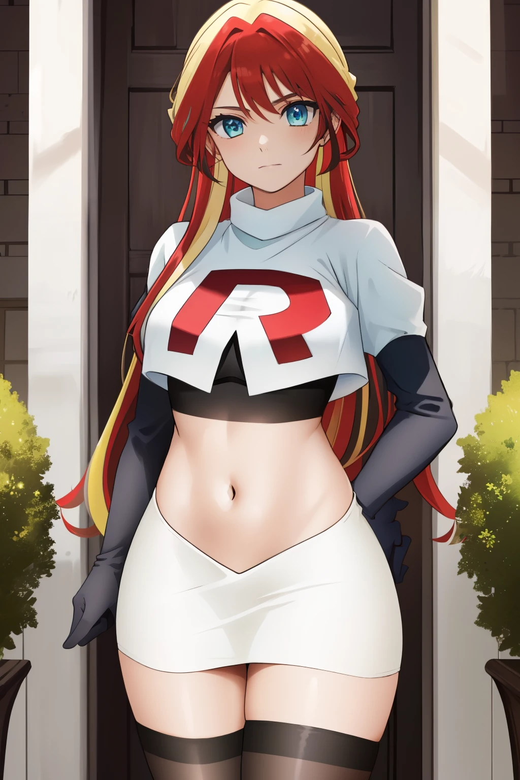 ((best quality)), ((highly detailed)), masterpiece, (detailed eyes, deep eyes), (1girl), cowboy shot, SunsetHuman, (multicolored hair, (two-tone hair:1.1), red and blonde hair), BREAK, aqua eyes, team rocket,team rocket uniform,white skirt,red letter R,crop top,black thigh-highs,black elbow gloves