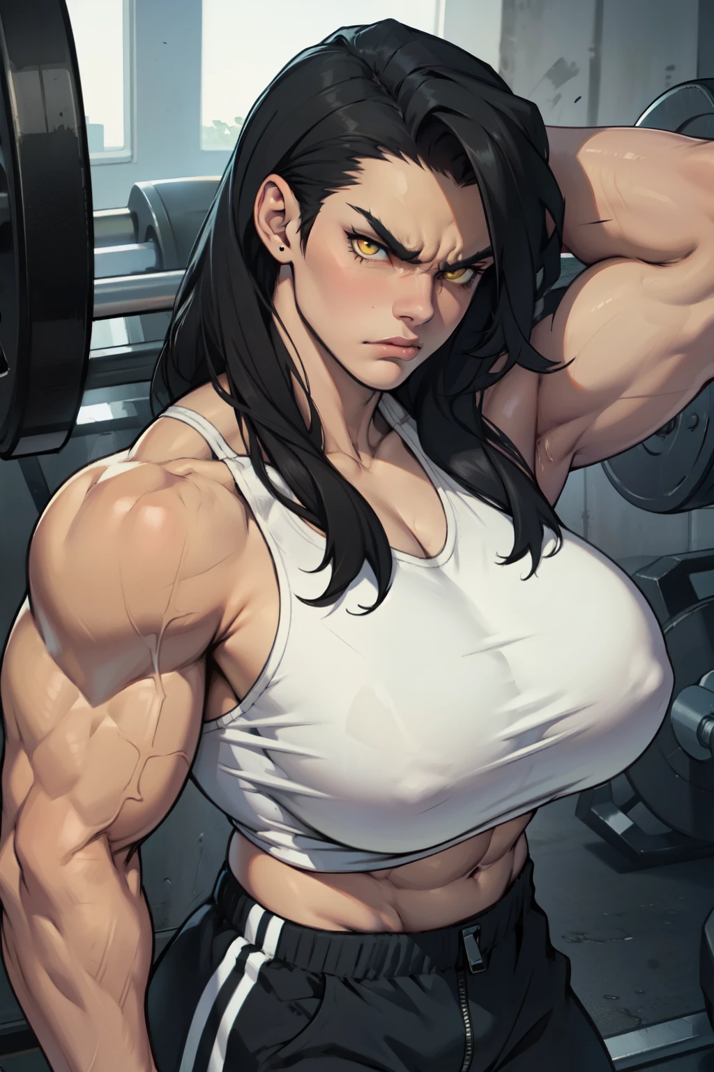 pale skin solo 1girl yellow eyes angry long black hair huge  toned body muscular bodybuilder