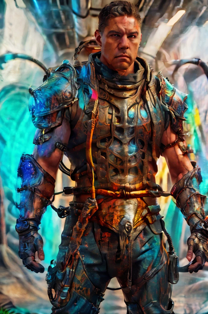 (realistic), (photorealistic), ((masterpiece)), ((best quality)), (detailed), cinematic, natural lighting, soft shadow, detailed background, photography, depth of field, intricate, detailed face, subsurface scattering, realistic eyes, muscular, manly, photo of a handsome man, chem4rmor, wearing chempunk knight armor, tubes, cables, wires, colorful liquid, colorful armor, splatter, canister, (holding sword), JuanSeaart_01