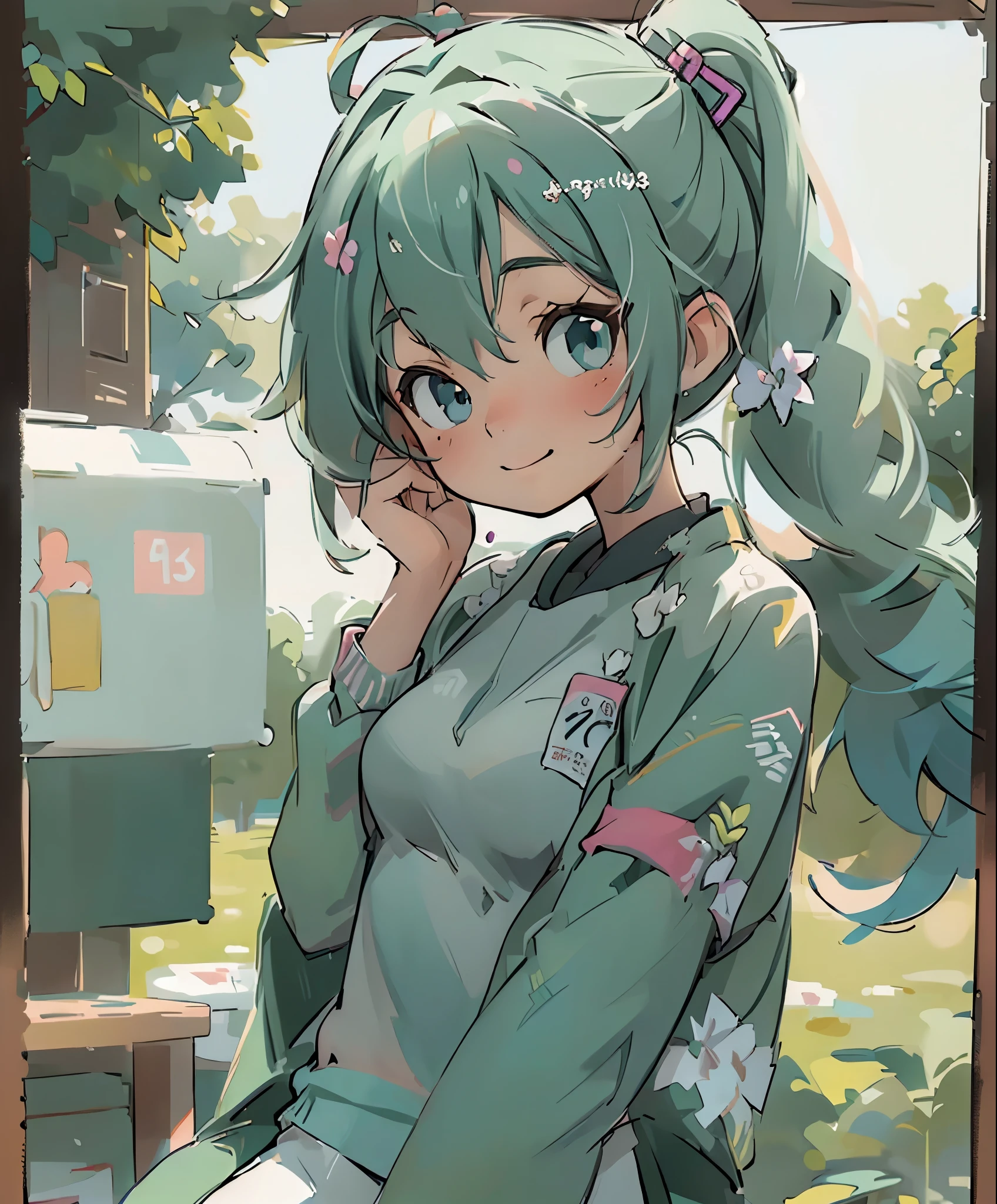 (masterpiece、highest quality、highest quality、official art、beautiful beautiful:1.2)、(1 girl:1.3)Hatsune Miku、twin tails,big breasts,table top, highest quality, 8k_wallpaper, (beautiful eyes), ((cute)), cute, (Lovely), (Please park on sunny days),1 girl,,1 ,standing girl,smile,close up of face、Portrait(((run a marathon)))、(((jogging)))、((track and field uniforms))