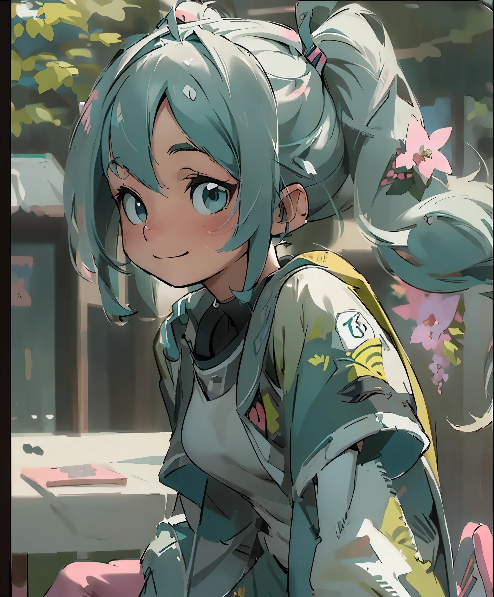 (masterpiece、highest quality、highest quality、official art、beautiful beautiful:1.2)、(1 girl:1.3)Hatsune Miku、twin tails,big breasts,table top, highest quality, 8k_wallpaper, (beautiful eyes), ((cute)), cute, (Lovely), (Please park on sunny days),1 girl,,1 ,standing girl,smile,close up of face、Portrait(((run a marathon)))、(((jogging)))、((track and field uniforms))