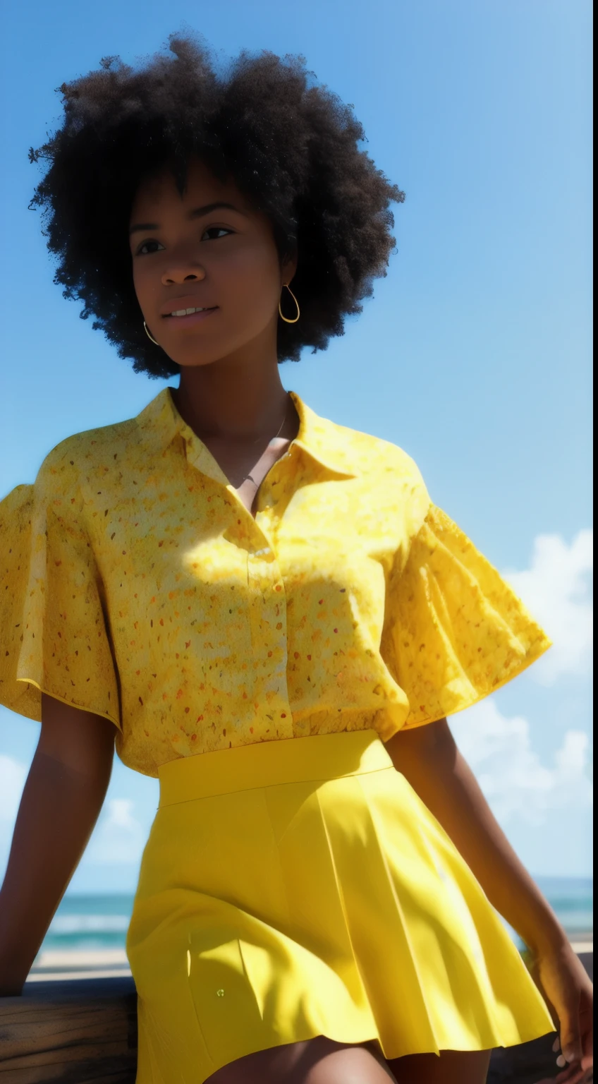 Ultra-realistic, 4k image of a 22-year-old black girl with big curly hair, showcasing a detailed face and medium body. She wears a yellow skirt with flowers and an open blue shirt. The professional photo is taken in high dynamic range (HDR) lighting, with a single light source illuminating the scene. The background portrays a serene beach, adding to the peaceful and tranquil atmosphere of the masterpiece.