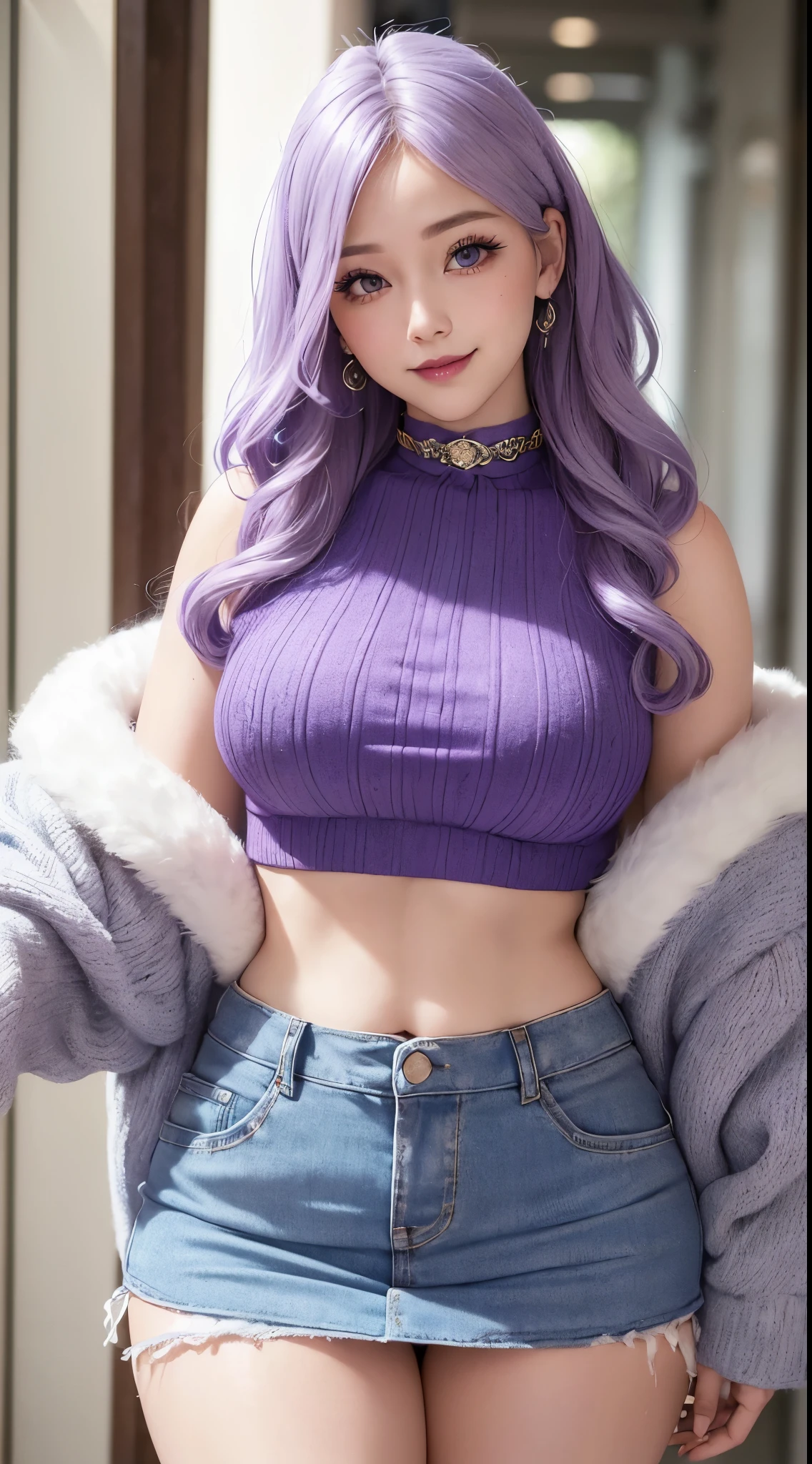 woman((30year old)), hair((lilac, wavy)), eyes((blue, small eyes)), ((wool, crop-top, mini skirt)), accessories ((chocker)), gigantic breast, big , classic house, korean make-up look, smiling expression, curvy body,