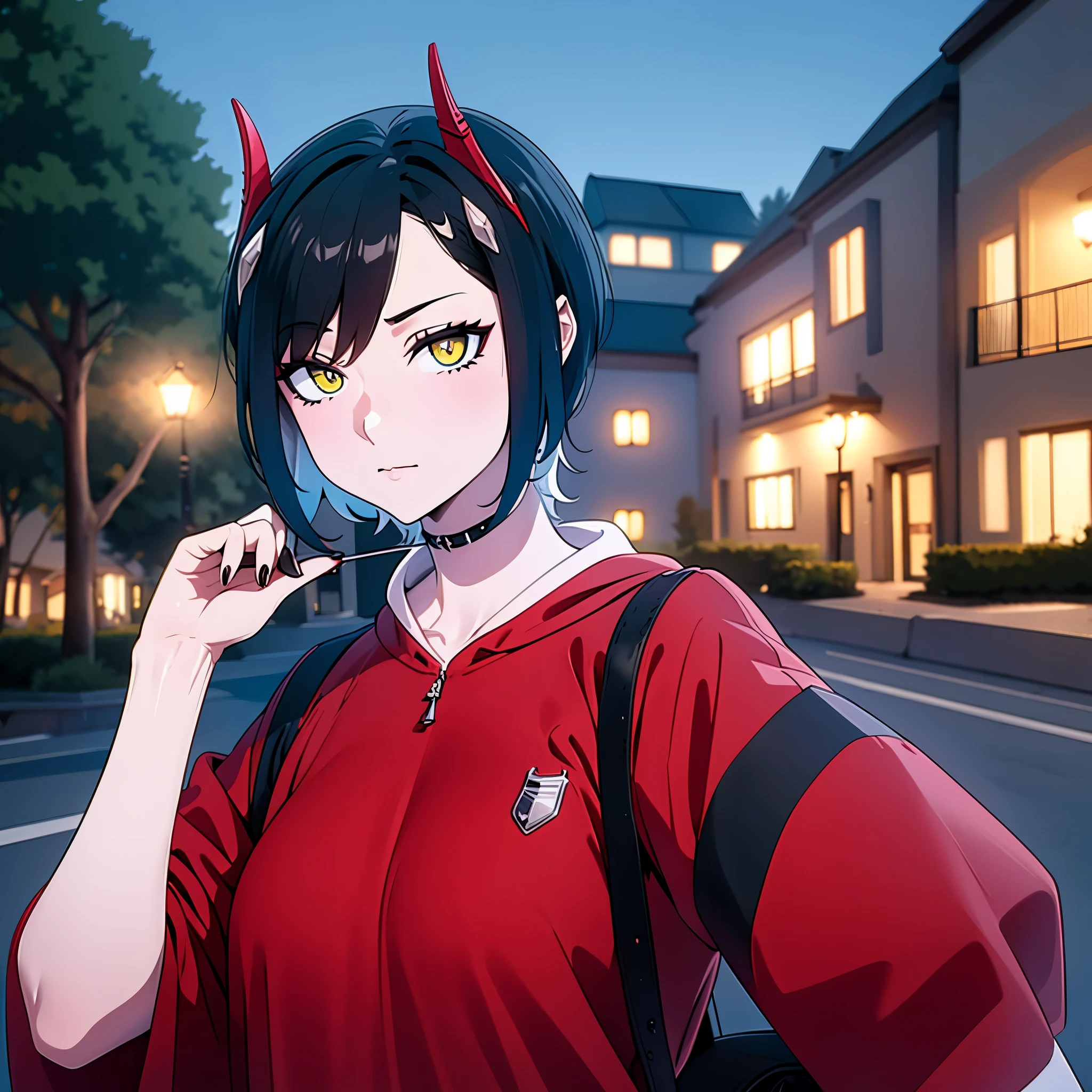 a woman with casual clothes, short black hair, yellow eyes, small red horn, in a park at night, just a girl