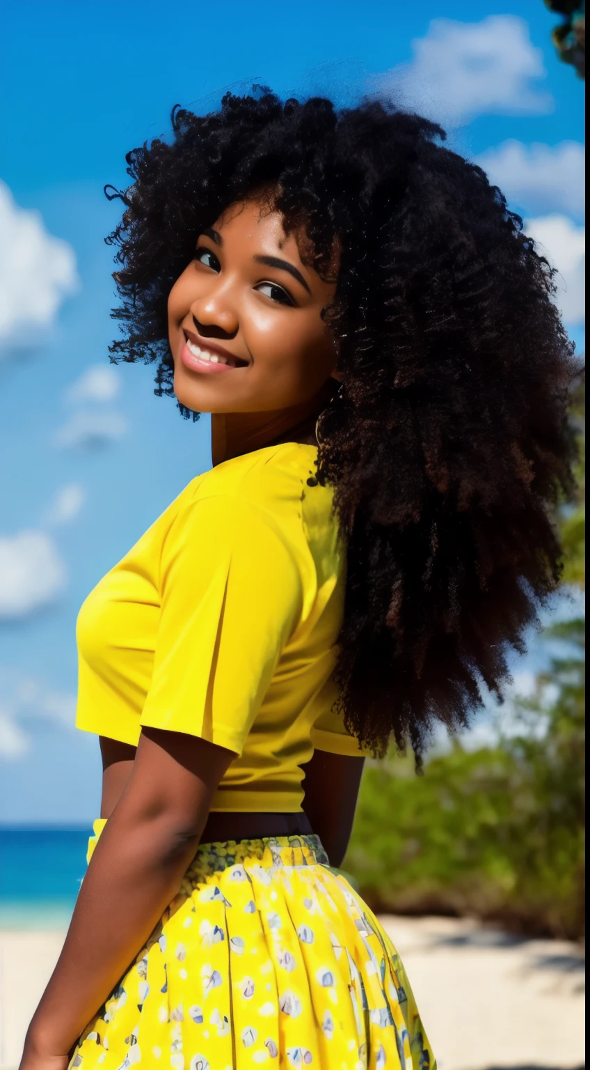 Ultra-realistic, 4k image of a 22-year-old black girl with big curly hair, showcasing a detailed face and medium body. She wears a yellow skirt with flowers and an open blue shirt. The professional photo is taken in high dynamic range (HDR) lighting, with a single light source illuminating the scene. The background portrays a serene beach, adding to the peaceful and tranquil atmosphere of the masterpiece.