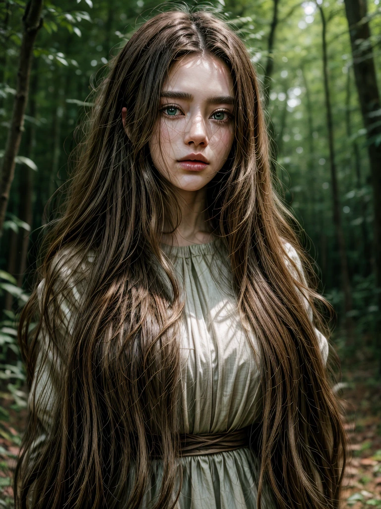 dark skin, detailed beautiful young woman, reddish golden brown hair, long, wavy and messy hair, detaiiled perfect green eyes, delicate symmetric realistic and beautiful face, (magic forest backgroung),  ranger outfit leather armored, fairy, wild flowers blending into hair, full body, masterpiece, absurdres,fine detail, rich colors, dramatic lighting, extremely detailed, cinematic lighting