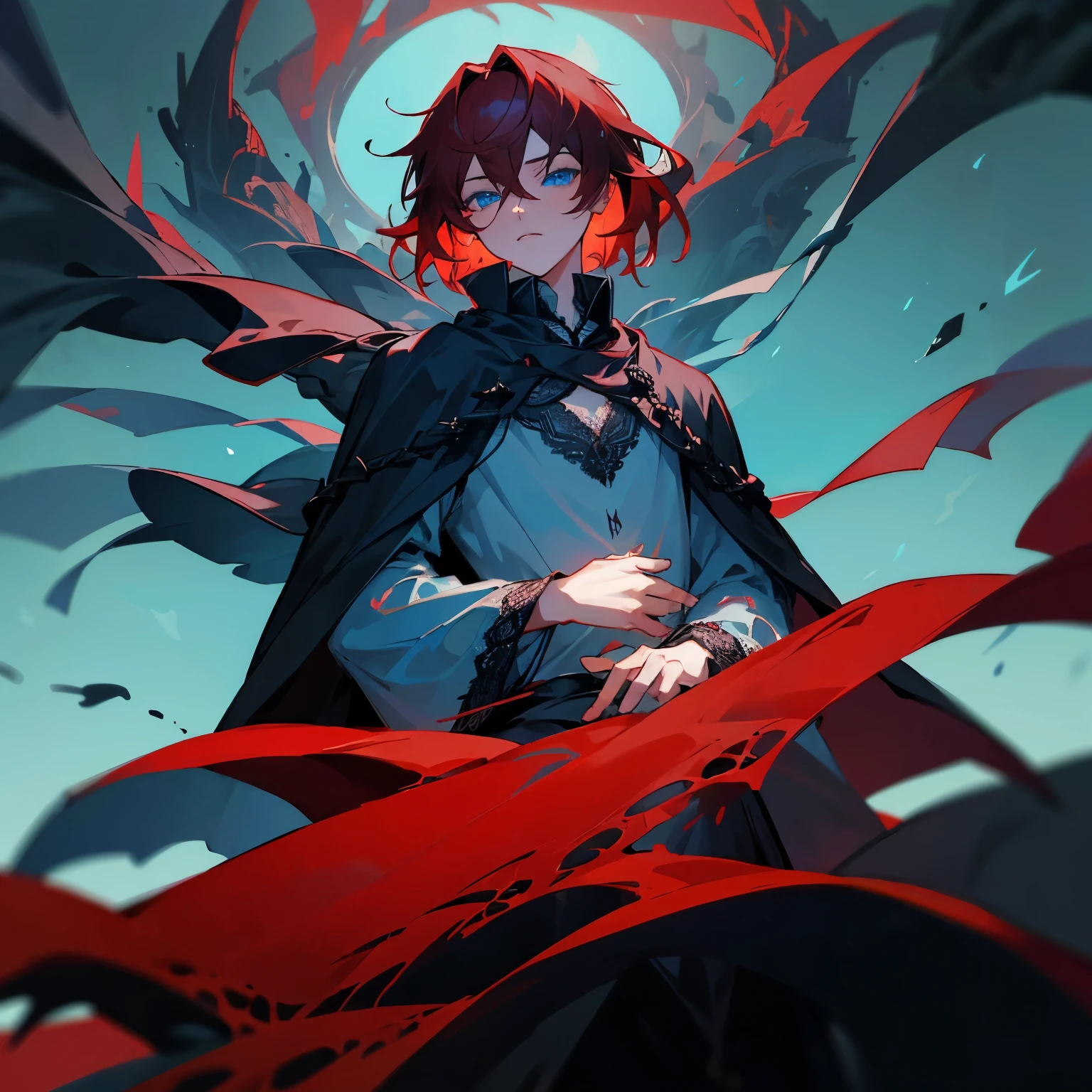 A boy with dark red hair and light blue eyes. Wearing a black cloak with a white lace shirt underneath.