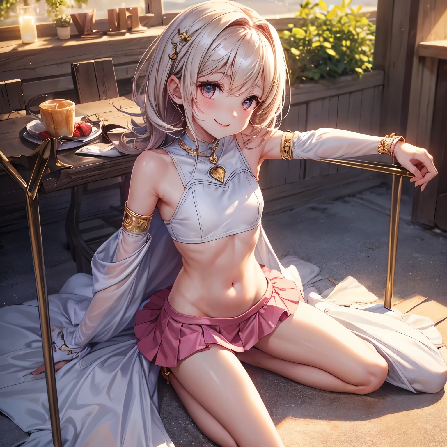 Rosy lips, Small waist and big hips, Big smile, Neck accessories, Small V-shaped hip bones, Firm buttocks, Full body, slim body, innocent and cute face, glowing skin, Short skirt, Arm accessories, Leg accessories, (((Spread your legs, Sit with your knees bent))))