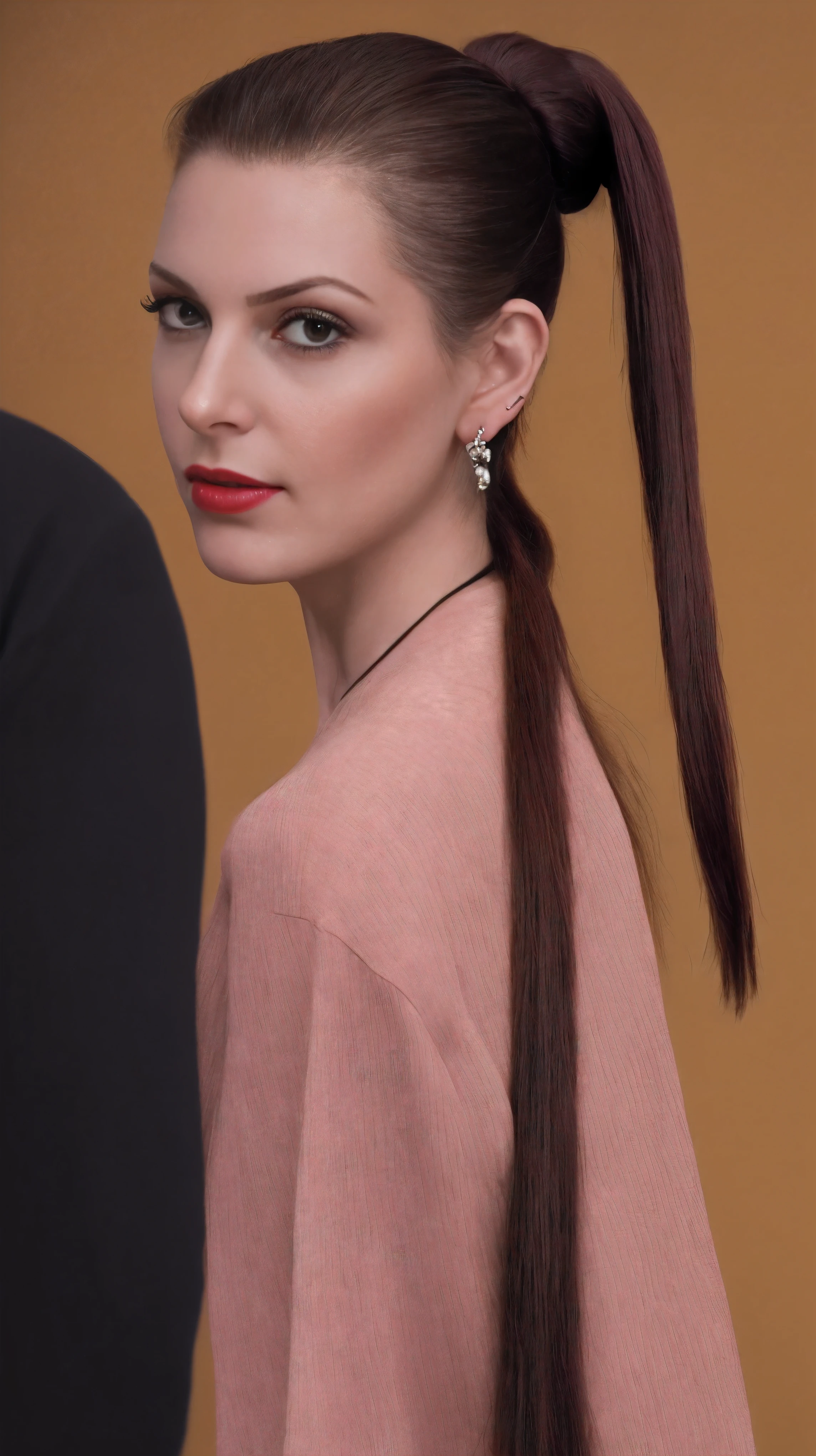 medium body of seductive woman, her looking at viewer, (long_ponytail_hairstyle:1.5), burgundy hair, exaggerated tightly ((combed back slicked-back hair)), very long hair, wet slick looking hair, deep black hair, (((Slicked-Back Hair by Vidal Sassoon, by Sally Hershberger ))), her face replaced with (nalci01)'s face without hair, frequent lashes, regular lashes, (dark brown eyes by Rembrandt), (tight Ivory long sleeve Medium Brown t-shirt), (jeans), (in a department store:1.1), (masterpiece:1.5) (photorealistic:1.1) (bokeh) (best quality) (detailed skin texture pores hairs:1.1) (intricate) (8k) (HDR) (wallpaper) (cinematic lighting) (sharp focus), eyeliner, (painted lips), (earrings), (vivid atmosphere), RAW candid cinema, 16mm, color graded portra 400 film, remarkable color, ultra realistic, textured skin, remarkable detailed pupils, realistic dull skin noise, visible skin detail, skin fuzz, dry skin, shot with cinematic camera, ((front view, Straight-on)), detailed skin texture, (blush:0.5), (goosebumps:0.5), subsurface scattering