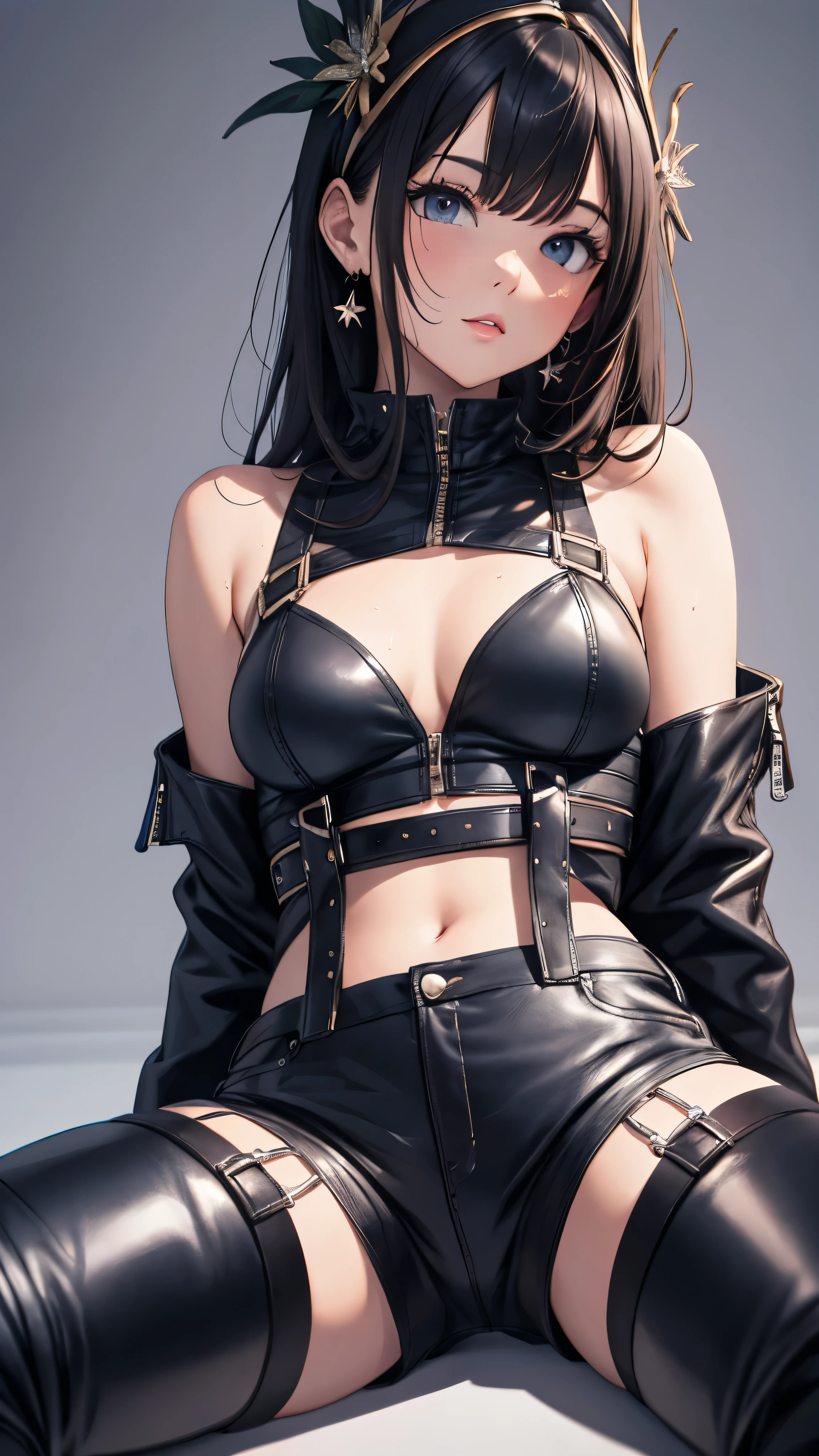 High resolution, woman , good lighting, despicable, , (No nudity), (((leather shorts))), ((tight leather top)), (((leather thigh high boots))), (garter belt), abdomen only, (wet shorts), , cute face, I'Iは恥ずかしくて赤面します, humiliating, ((spread your legs)), (())